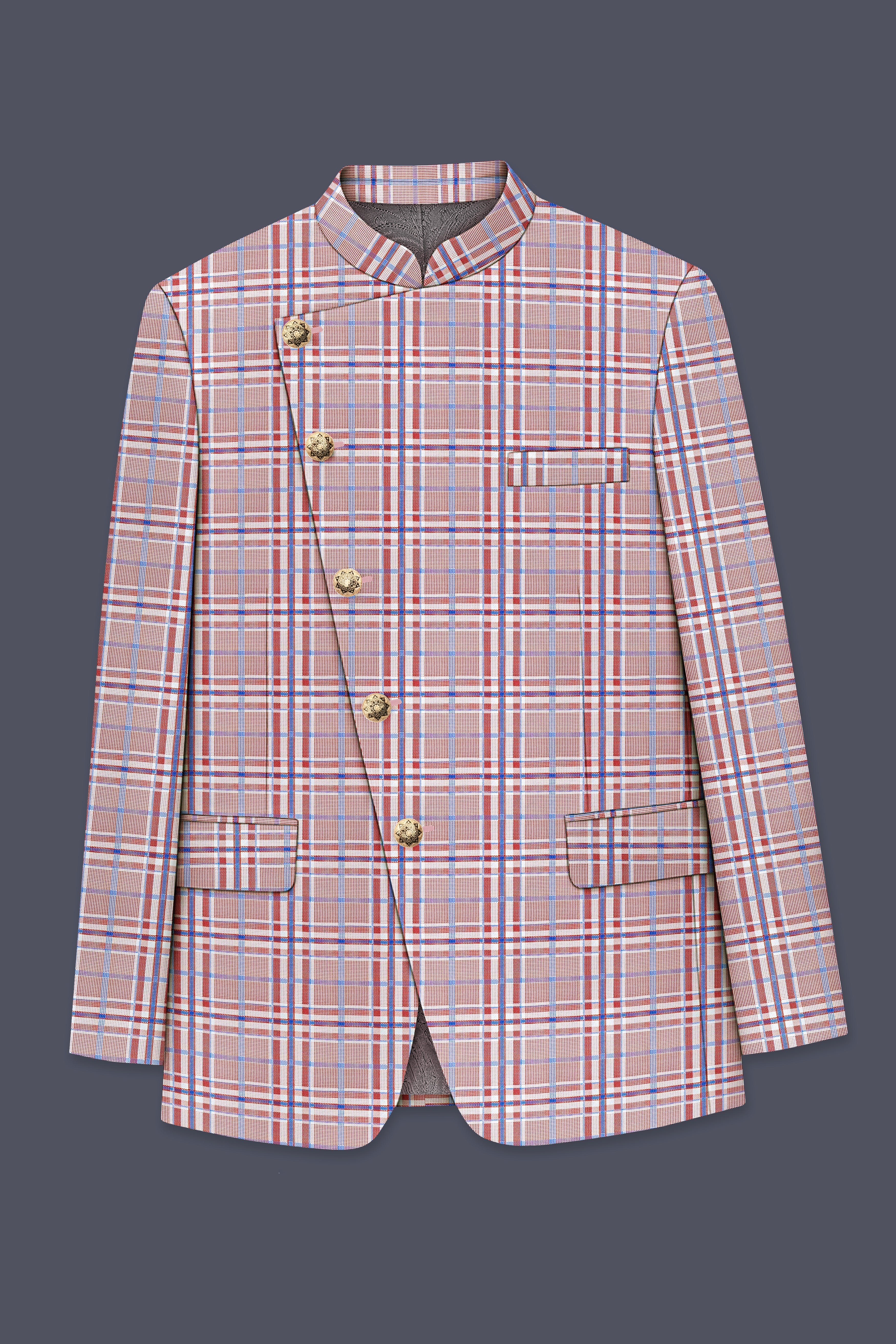 Velour-Turkish Rose Pink And Wild Blue Plaid Wool Rich Cross Placket Bandhgala Blazers