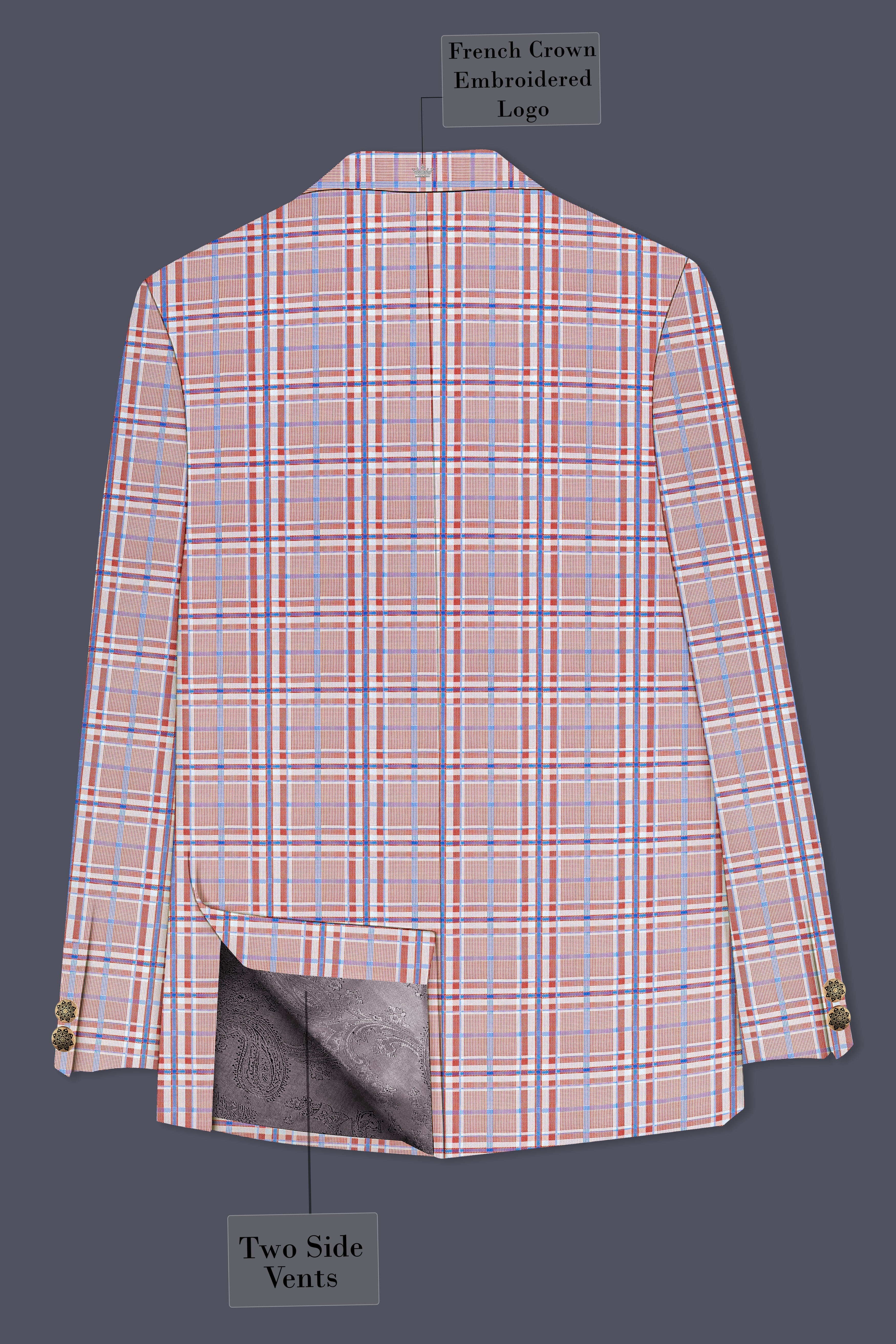 Velour-Turkish Rose Pink And Wild Blue Plaid Wool Rich Cross Placket Bandhgala Blazers