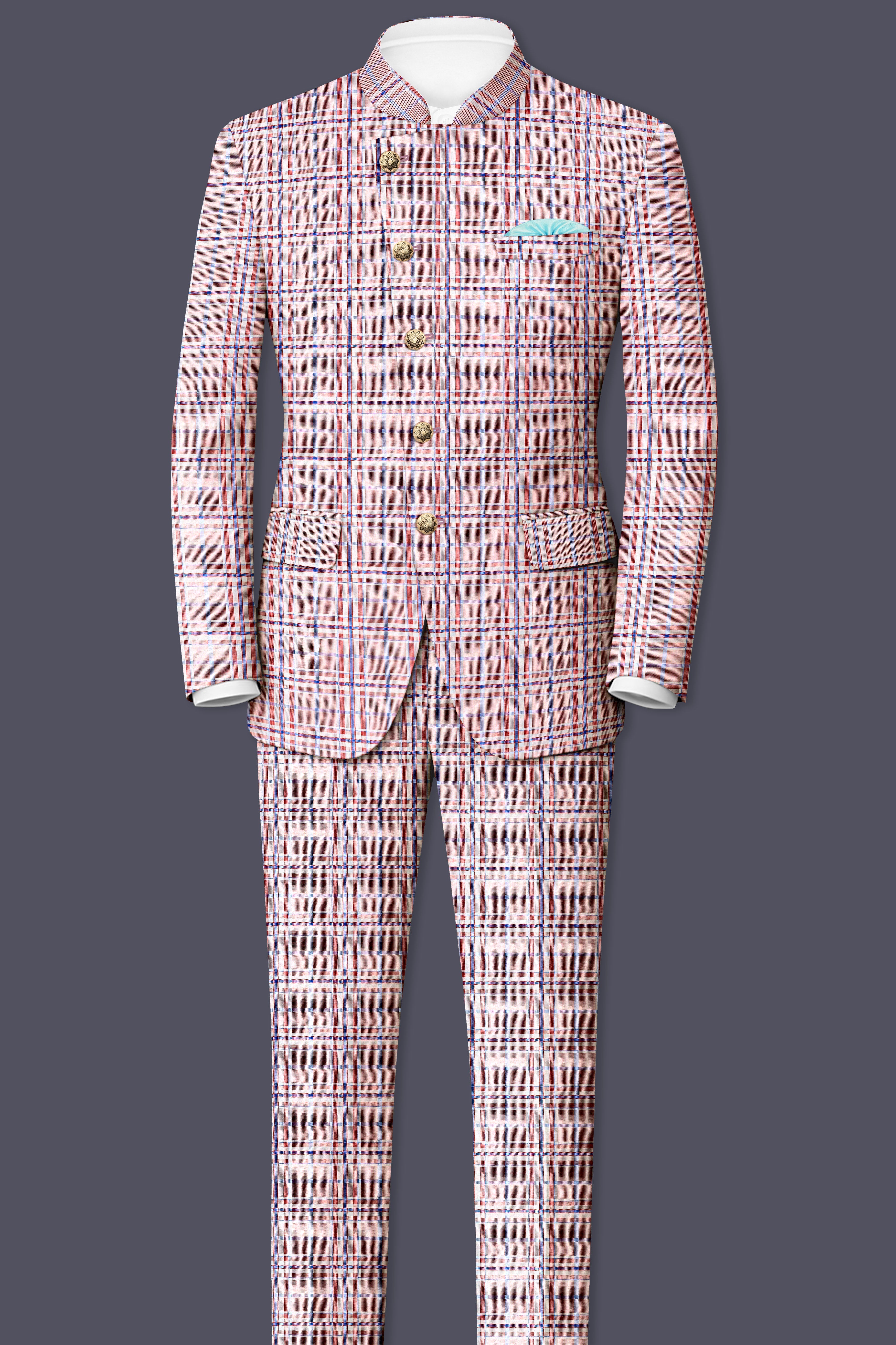 Velour-Turkish Rose Pink And Wild Blue Plaid Wool Rich Cross Placket Bandhgala Blazers