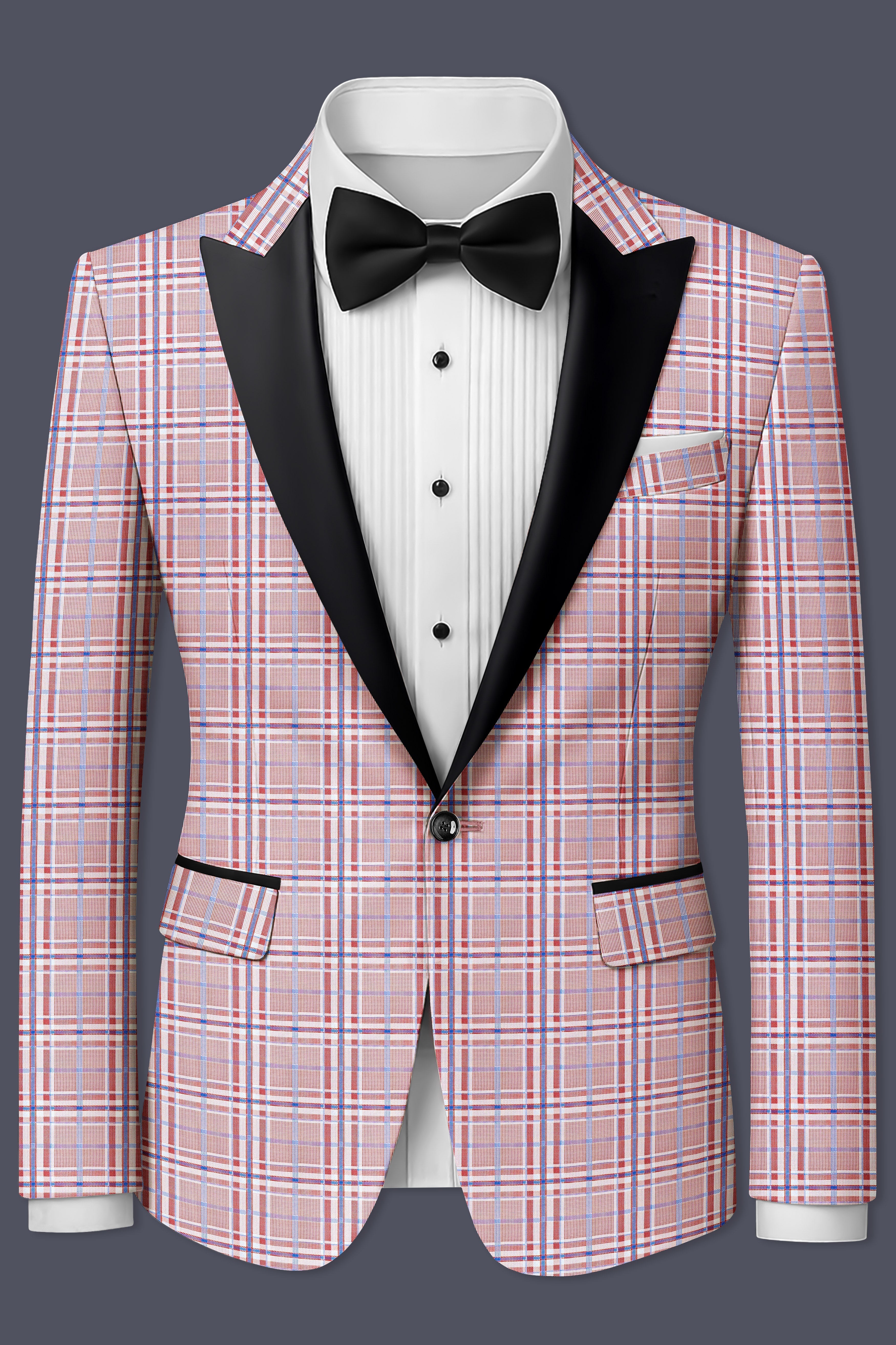 Velour-Turkish Rose Pink And Wild Blue Plaid Wool Rich Peak Lapel Tuxedo Blazer