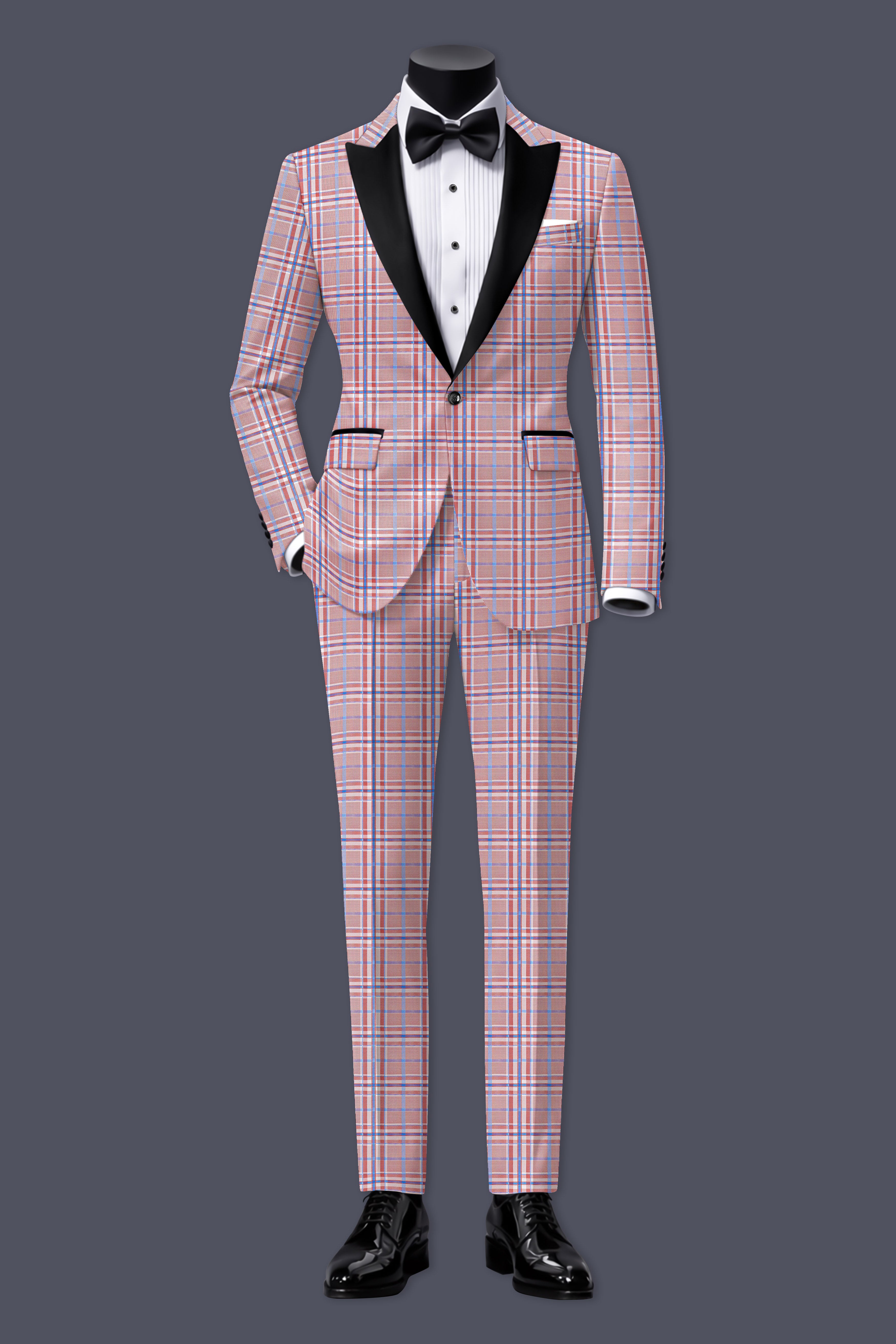 Velour-Turkish Rose Pink And Wild Blue Plaid Wool Rich Peak Lapel Tuxedo Blazer