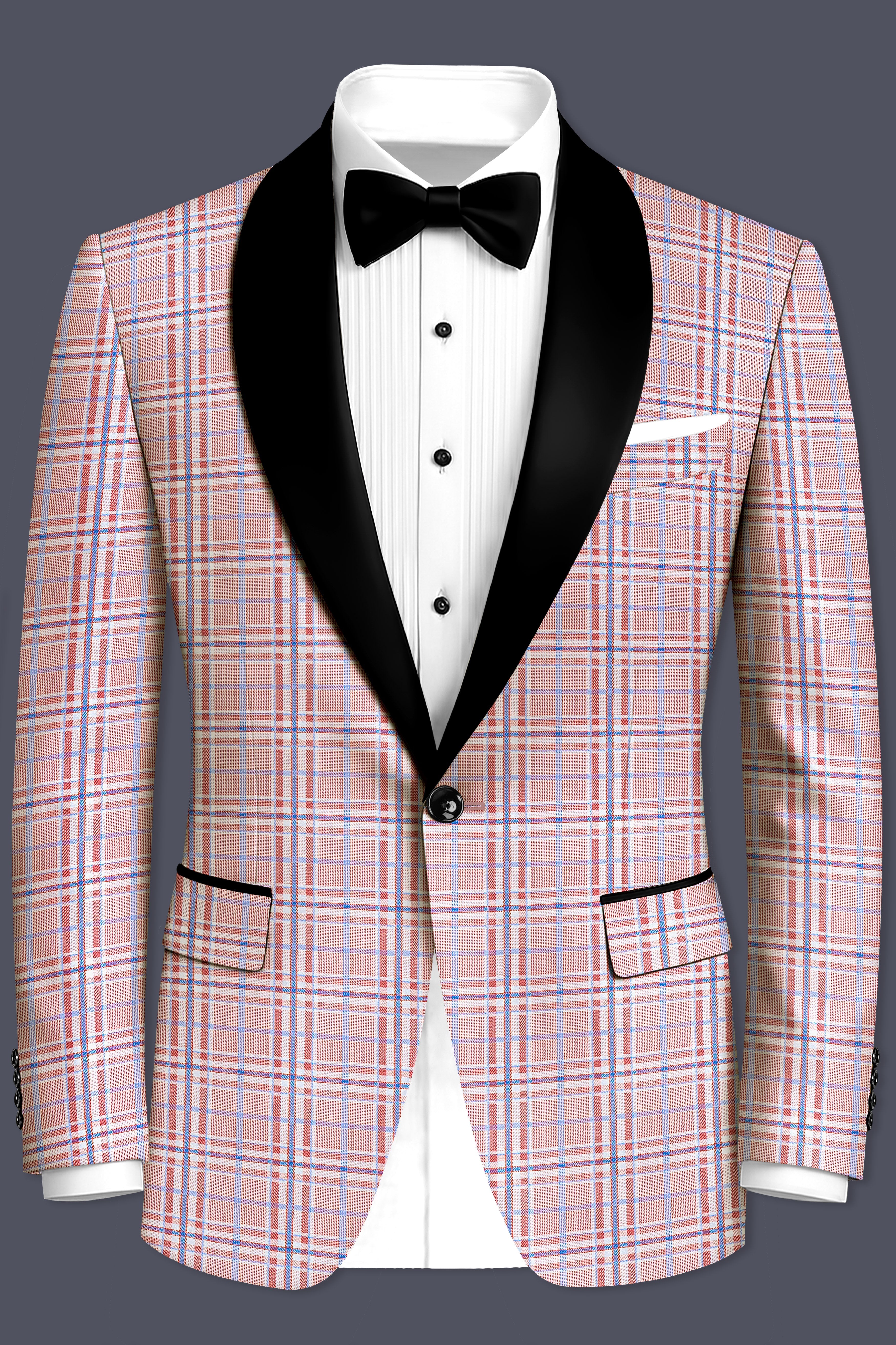 Velour-Turkish Rose Pink And Wild Blue Plaid Wool Rich Tuxedo Blazer