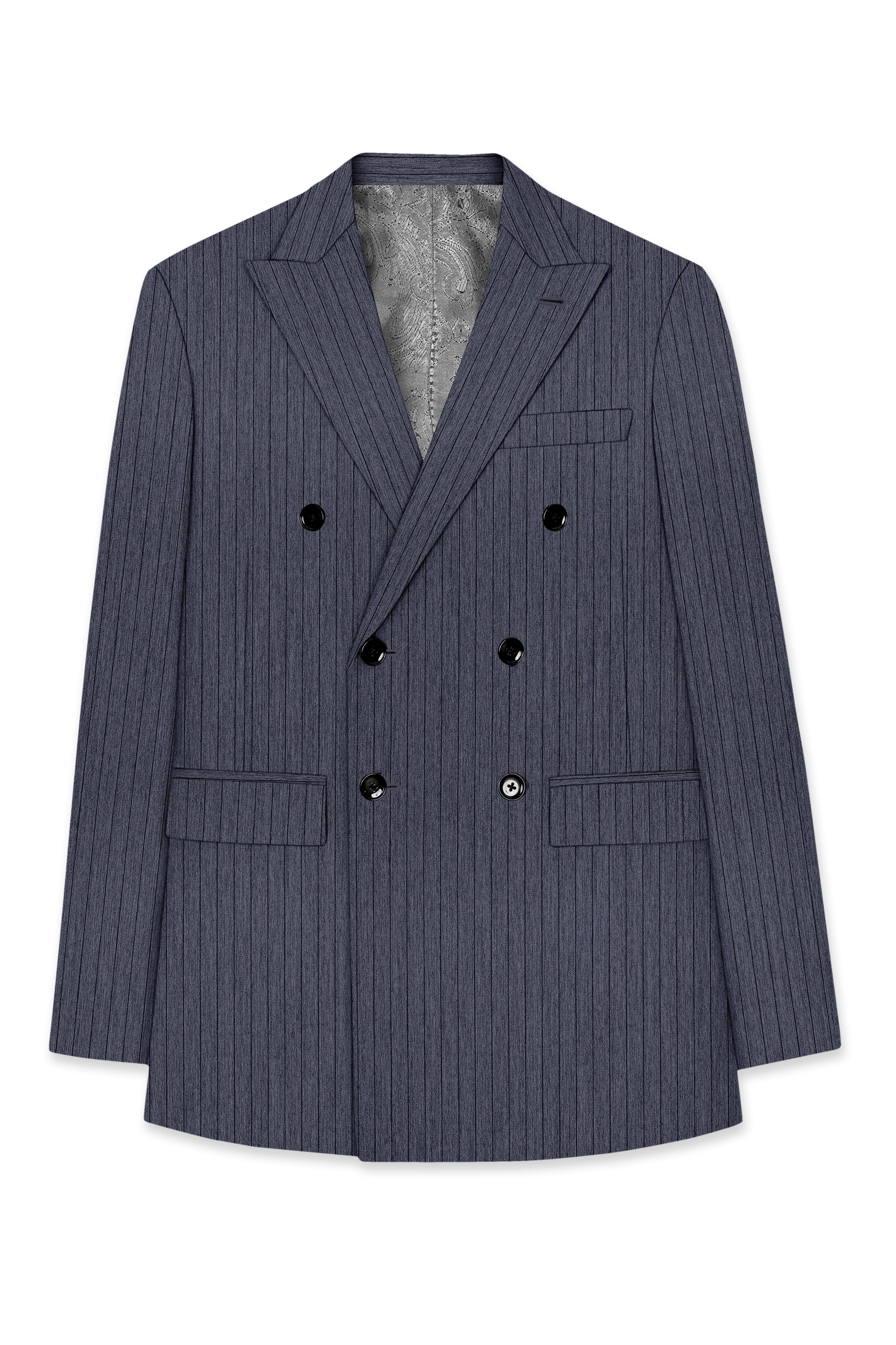 Azurion-Ninja Blue Pin Striped Wool Rich Slight Stretch Double Breasted Blazer