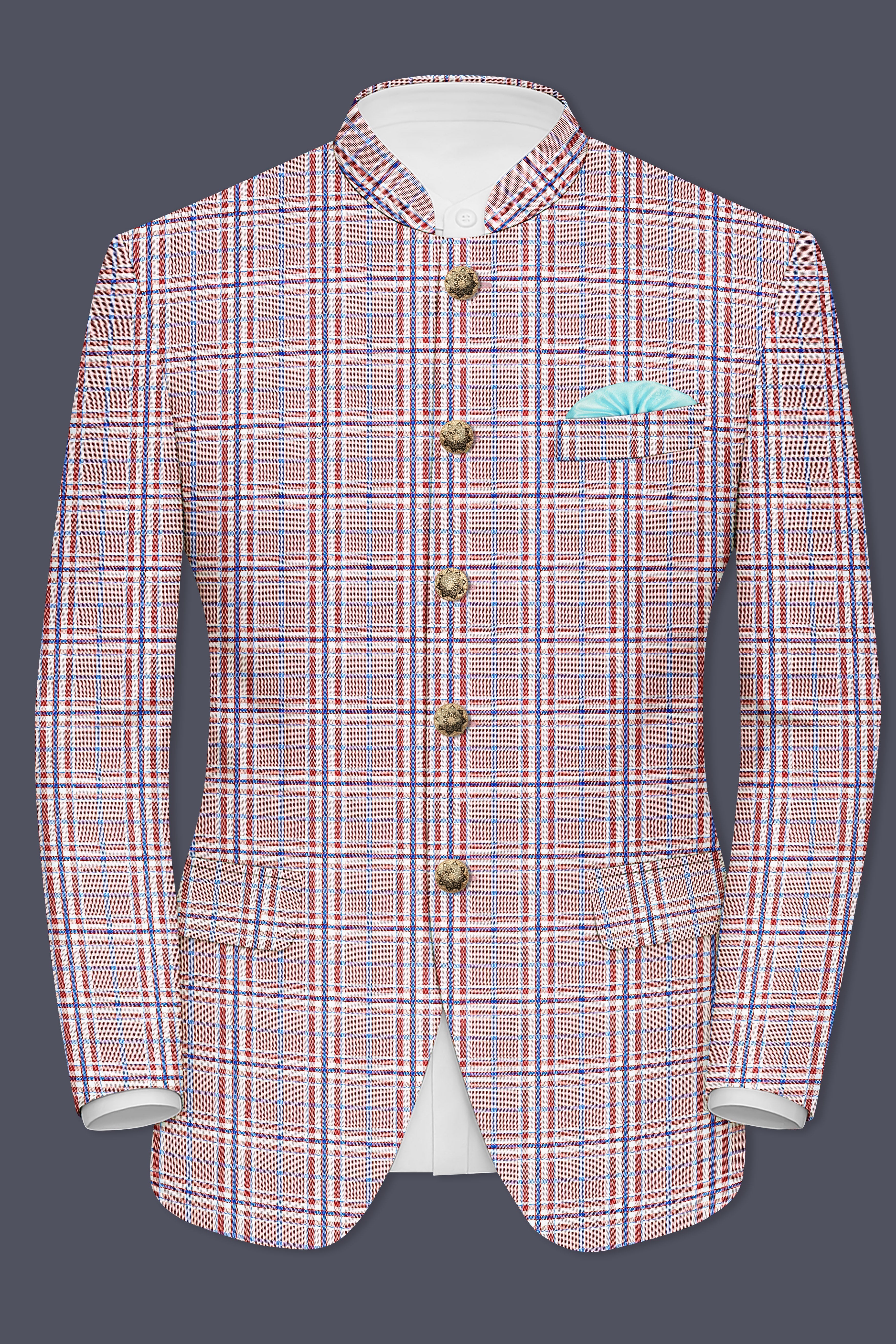Velour-Turkish Rose Pink And Wild Blue Plaid Wool Rich Bandhgala Blazer