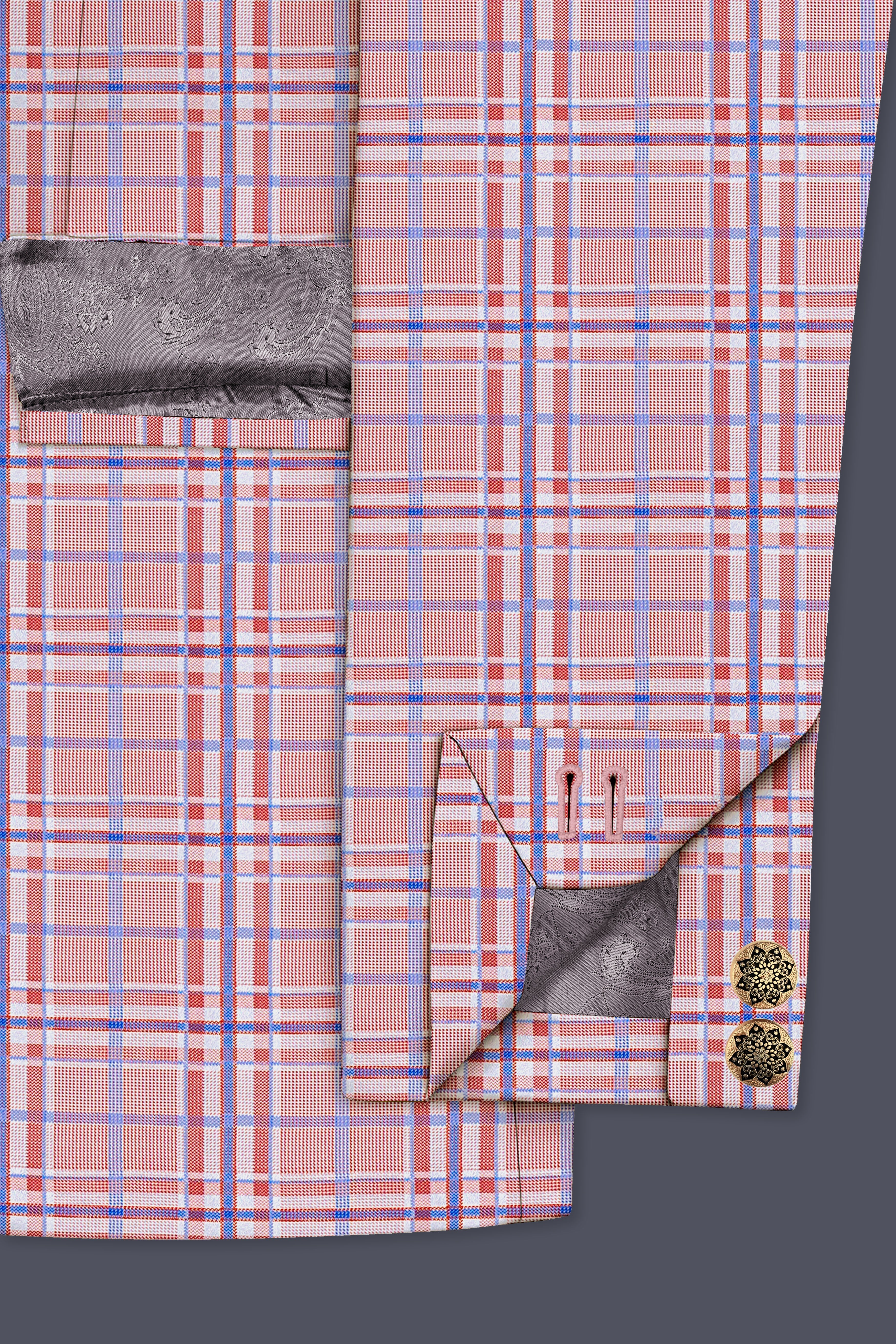 Velour-Turkish Rose Pink And Wild Blue Plaid Wool Rich Bandhgala Blazer