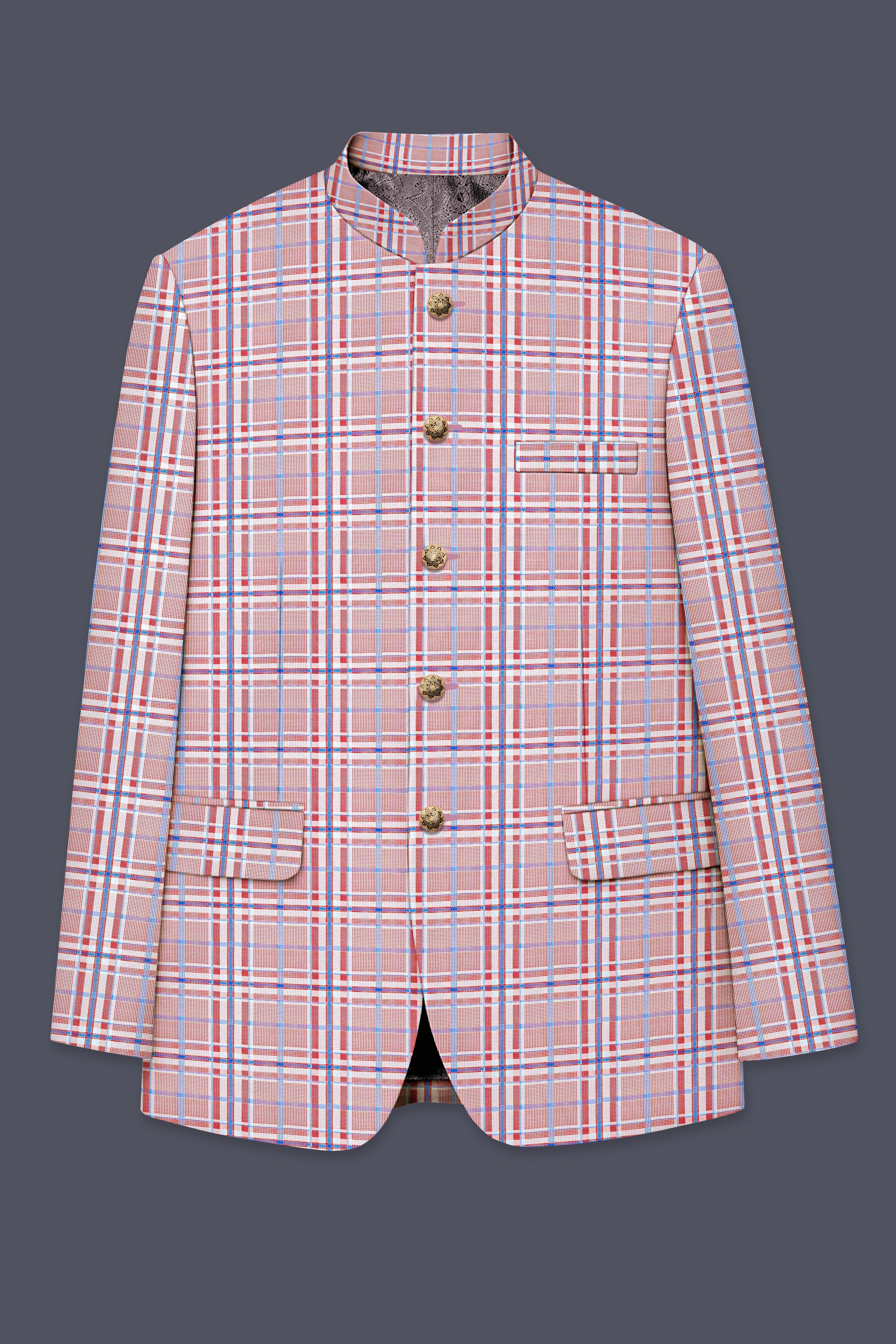 Velour-Turkish Rose Pink And Wild Blue Plaid Wool Rich Bandhgala Blazer