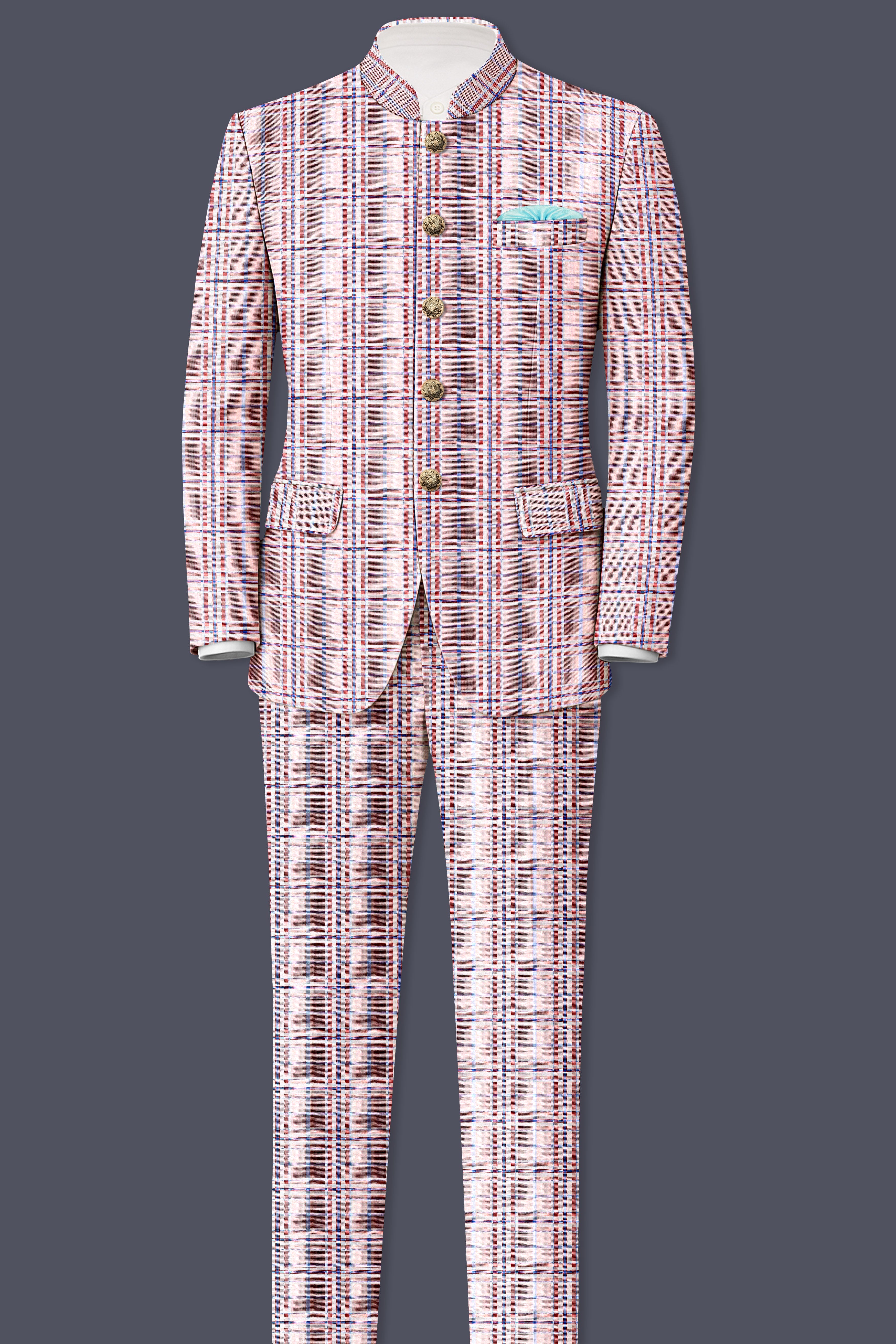 Velour-Turkish Rose Pink And Wild Blue Plaid Wool Rich Bandhgala Blazer