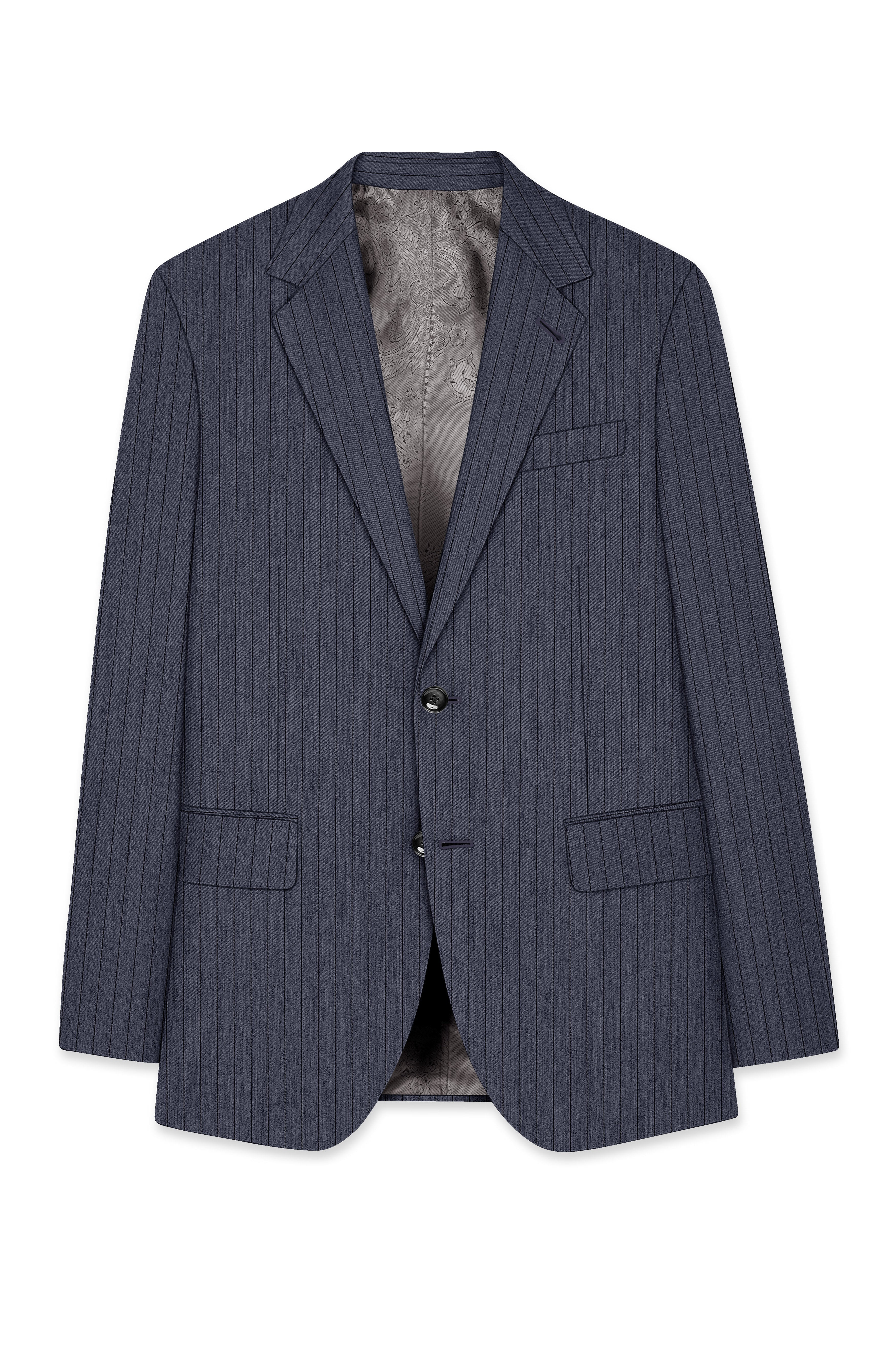 Azurion-Ninja Blue Pin Striped Wool Rich Slight Stretch Single Breasted Blazer