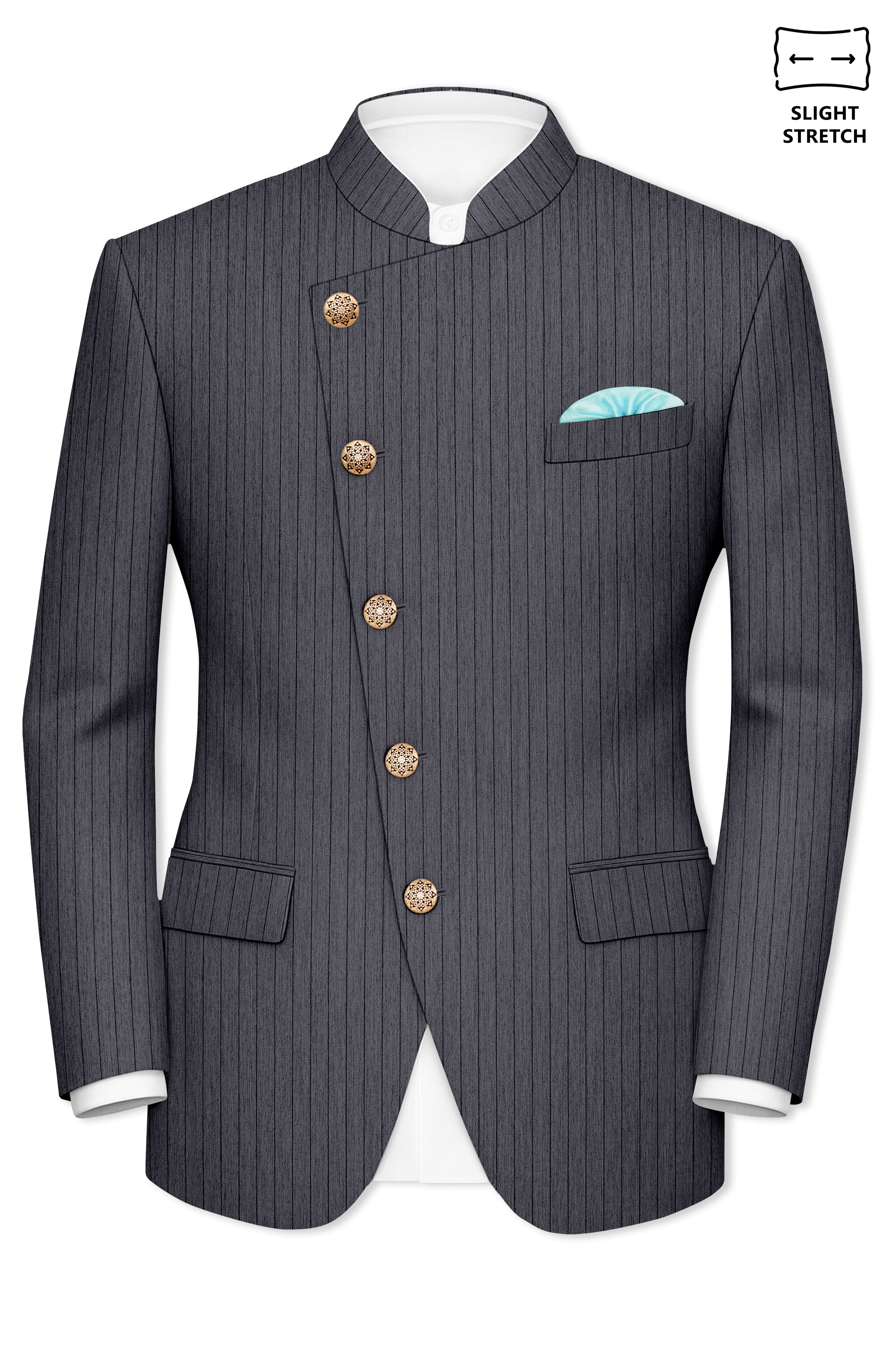 Noctaro-Vampire Gray Pin Striped Wool Rich Cross Placket Bandhgala Slight Stretch Blazer