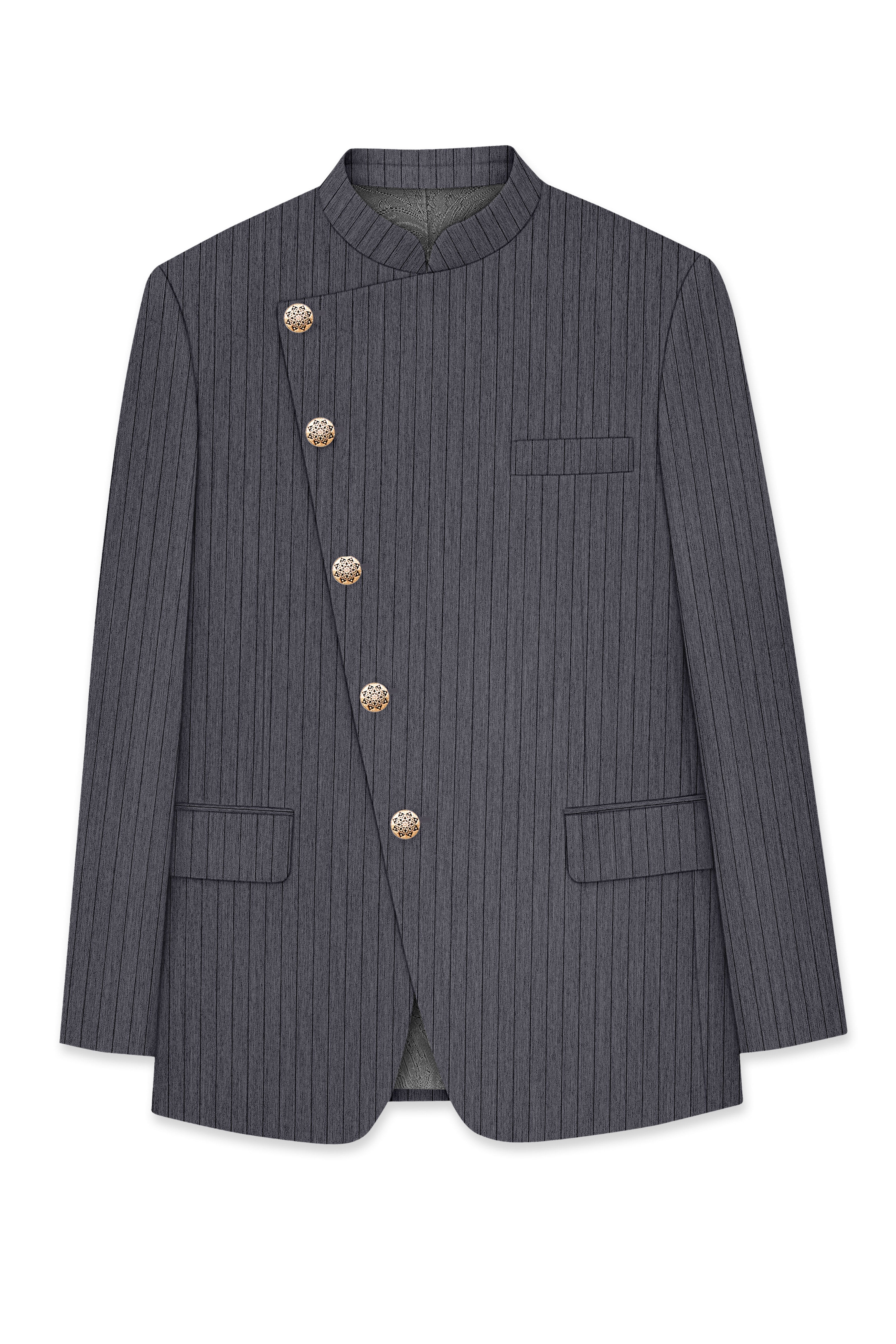 Noctaro-Vampire Gray Pin Striped Wool Rich Cross Placket Bandhgala Slight Stretch Blazer