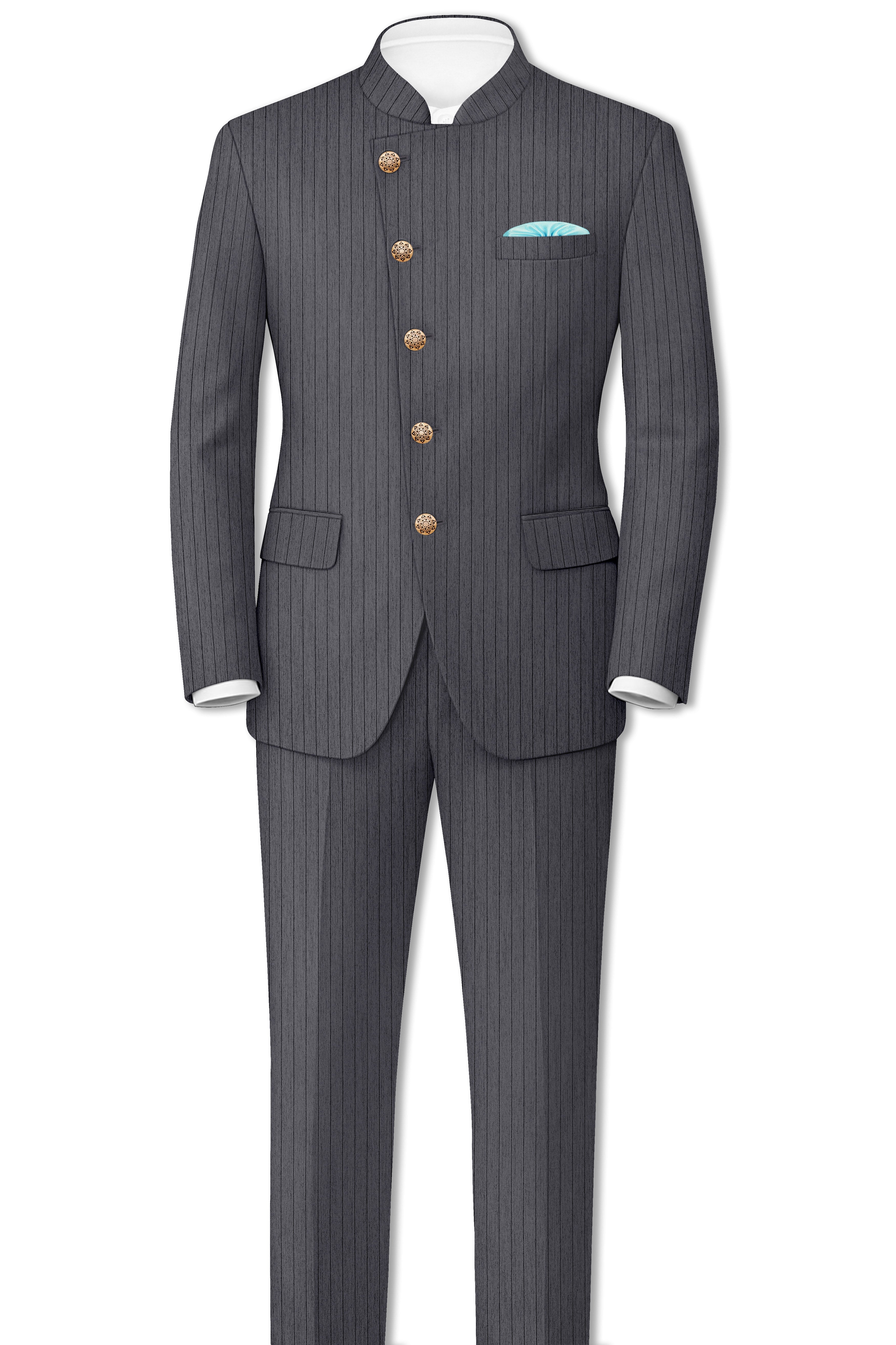 Noctaro-Vampire Gray Pin Striped Wool Rich Cross Placket Bandhgala Slight Stretch Blazer