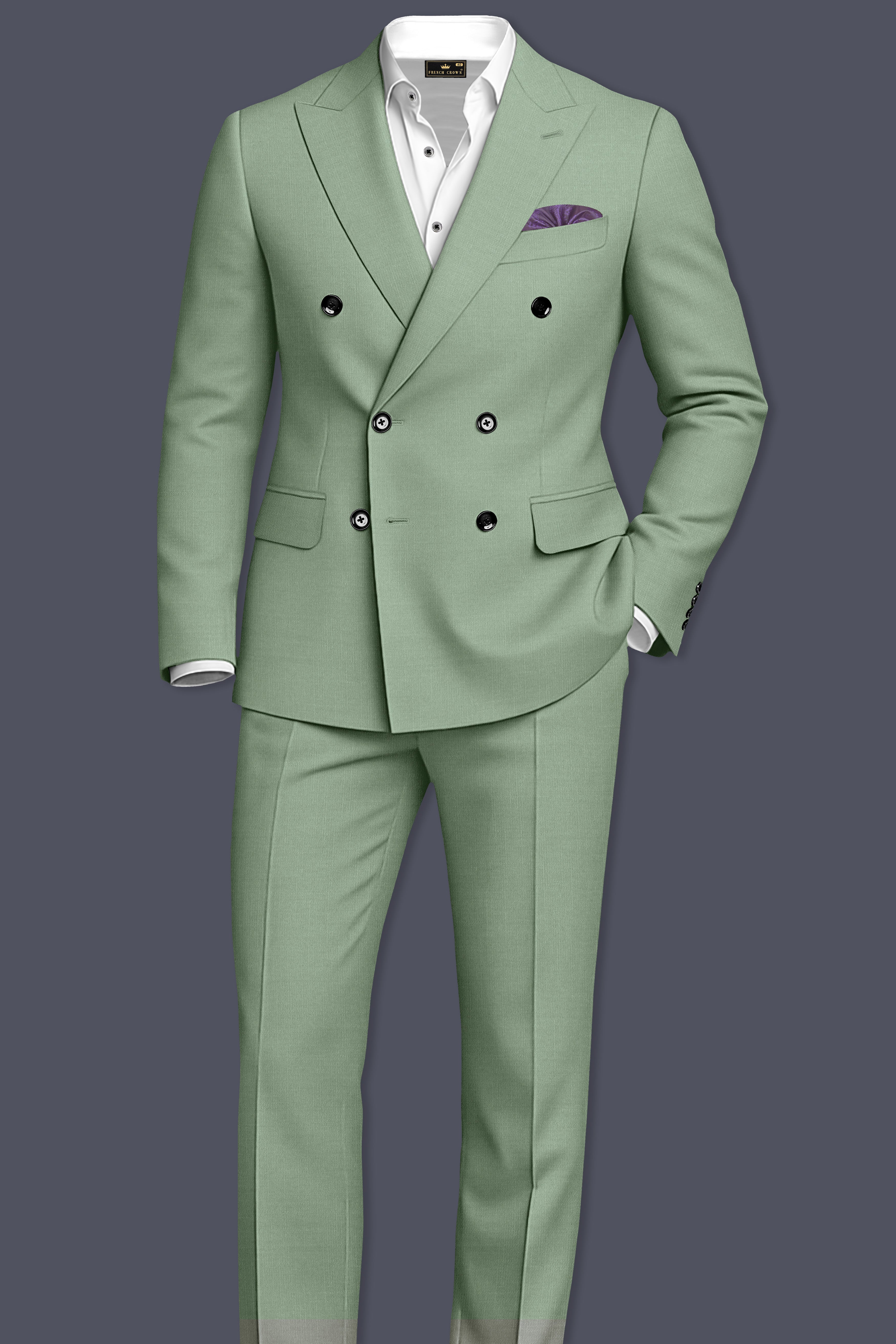 Basil-Spanish Green Wool Rich Slight Stretch Double Breasted Blazer
