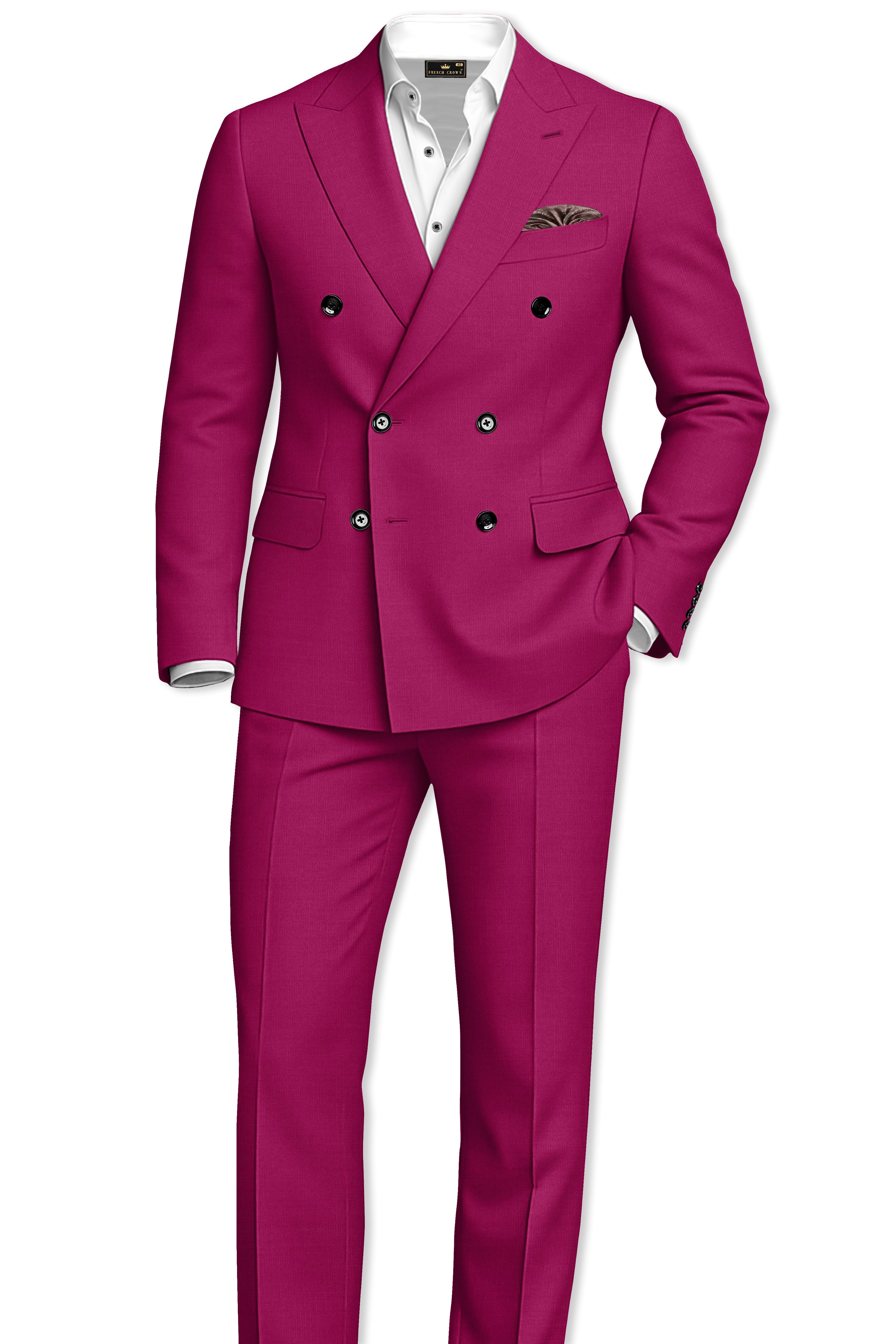 Orchid-Mulberry Pink Wool Rich Slight Stretch Double Breasted Blazer