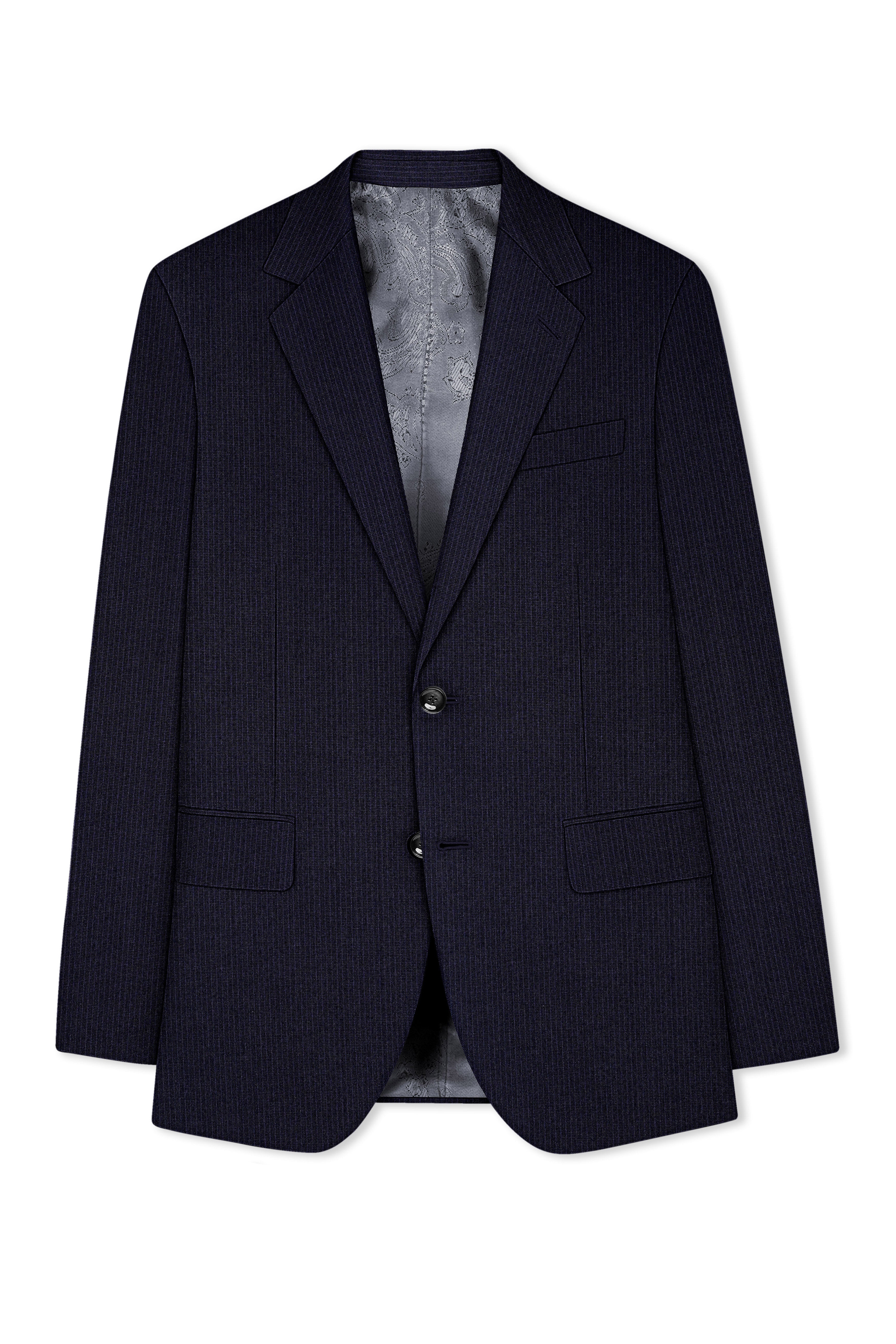 Elion-Bunker Blue Pencil Striped Wool Rich Slight Stretch Single Breasted Blazer