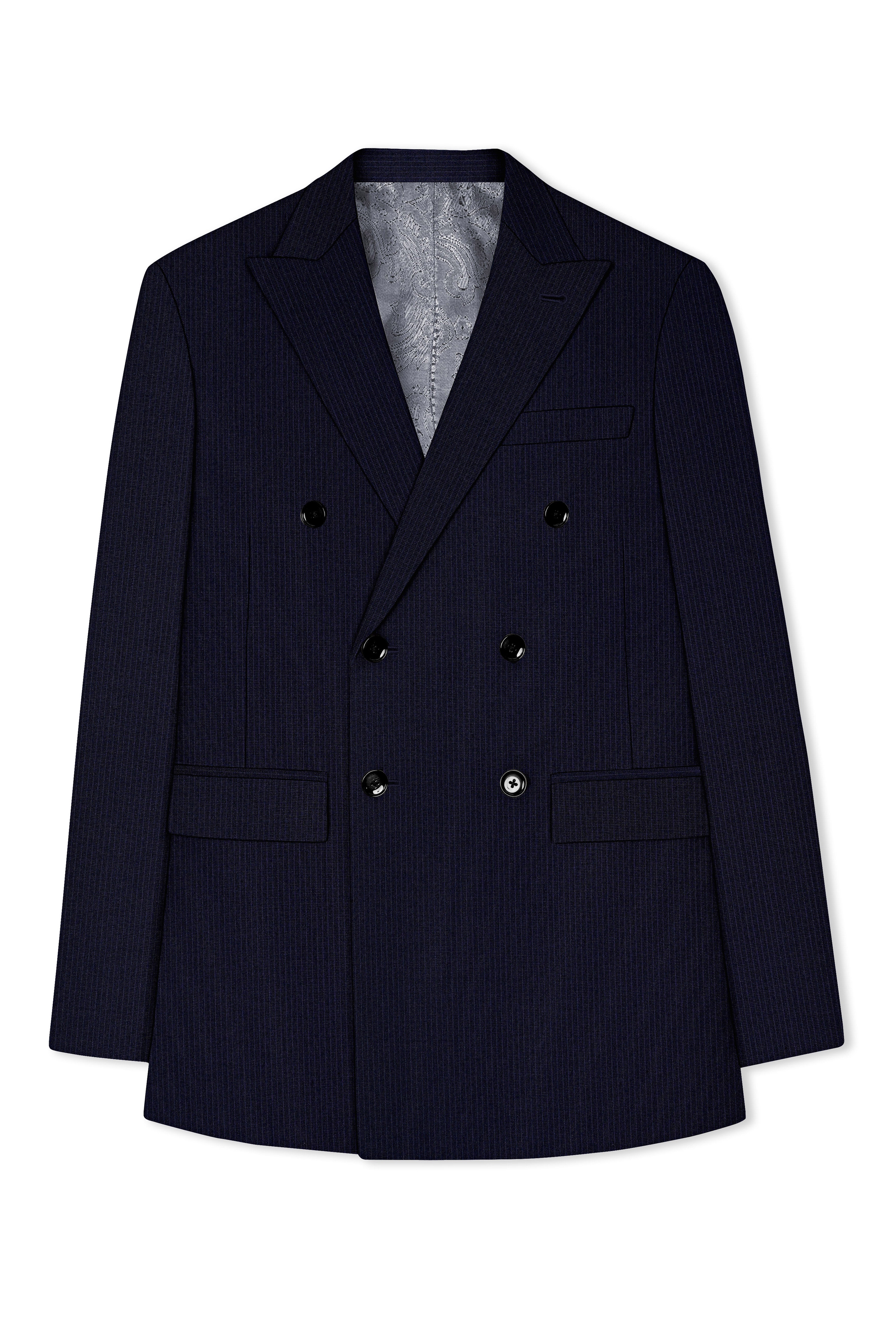 Elion-Bunker Blue Pencil Striped Wool Rich Slight Stretch Double Breasted Blazer