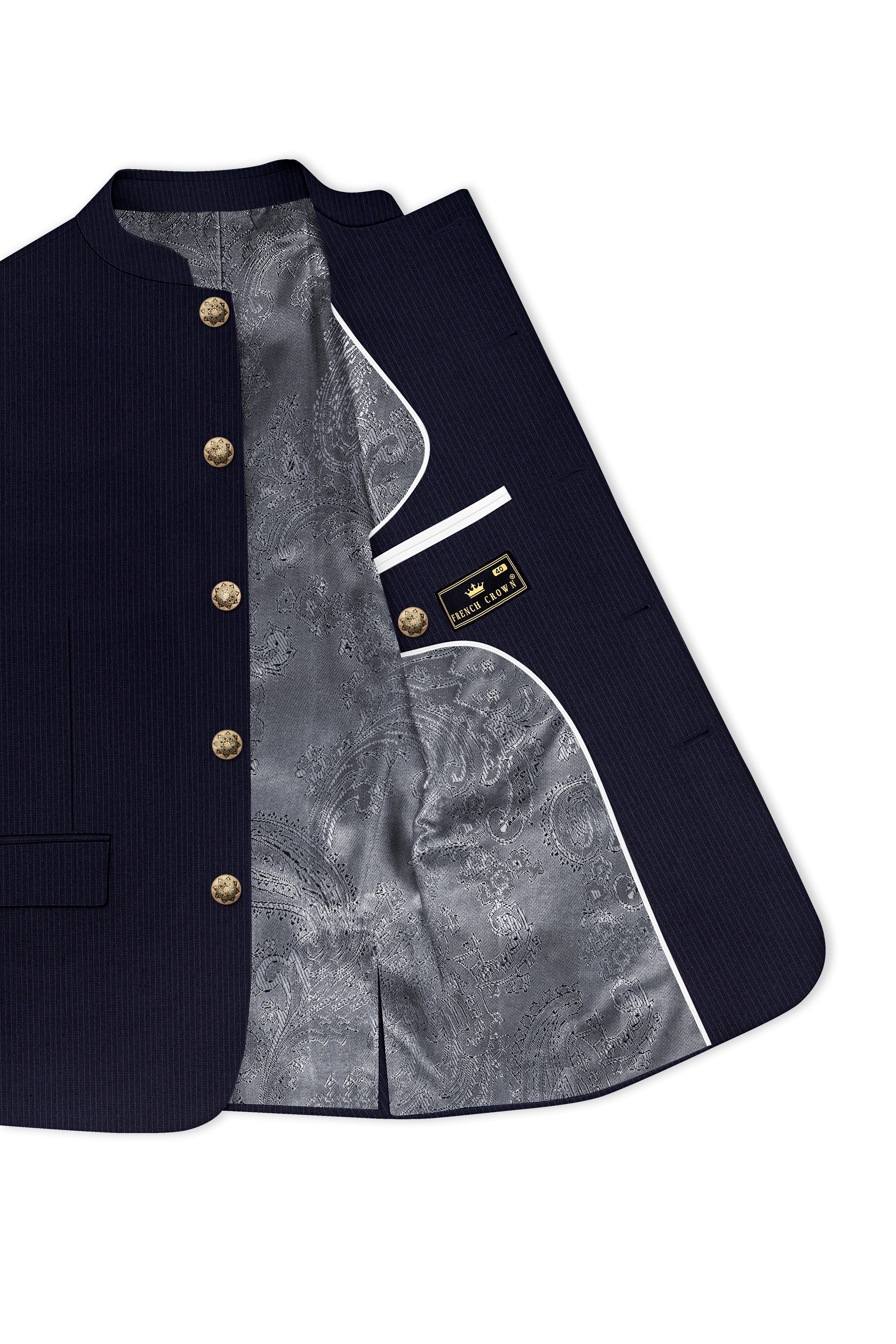 Elion-Bunker Blue Pencil Striped Wool Rich Bandhgala Slight Stretch Blazer