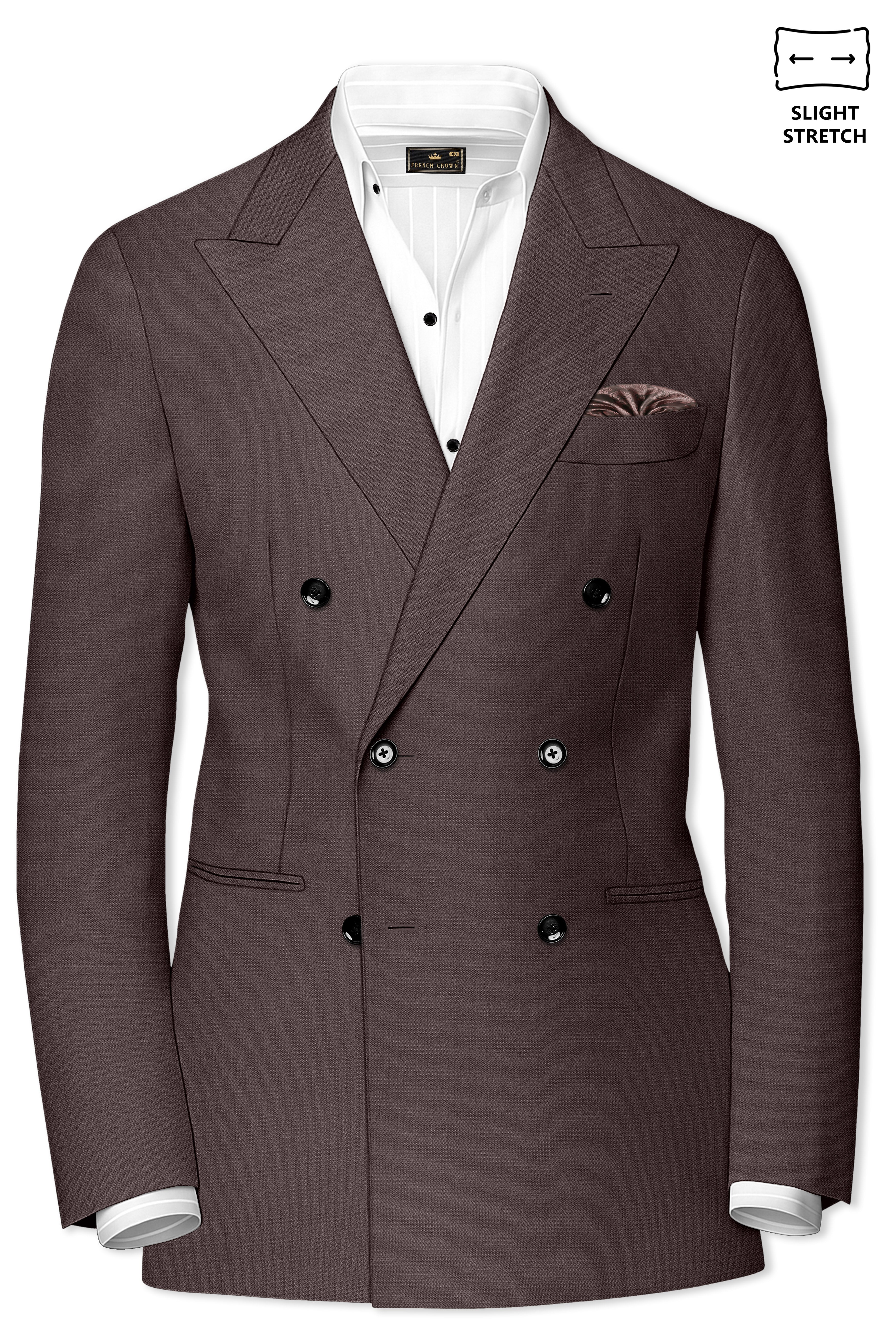 Estate-Fuscous Brown Diamond Textured Wool Rich Slight Stretch Double Breasted Blazer