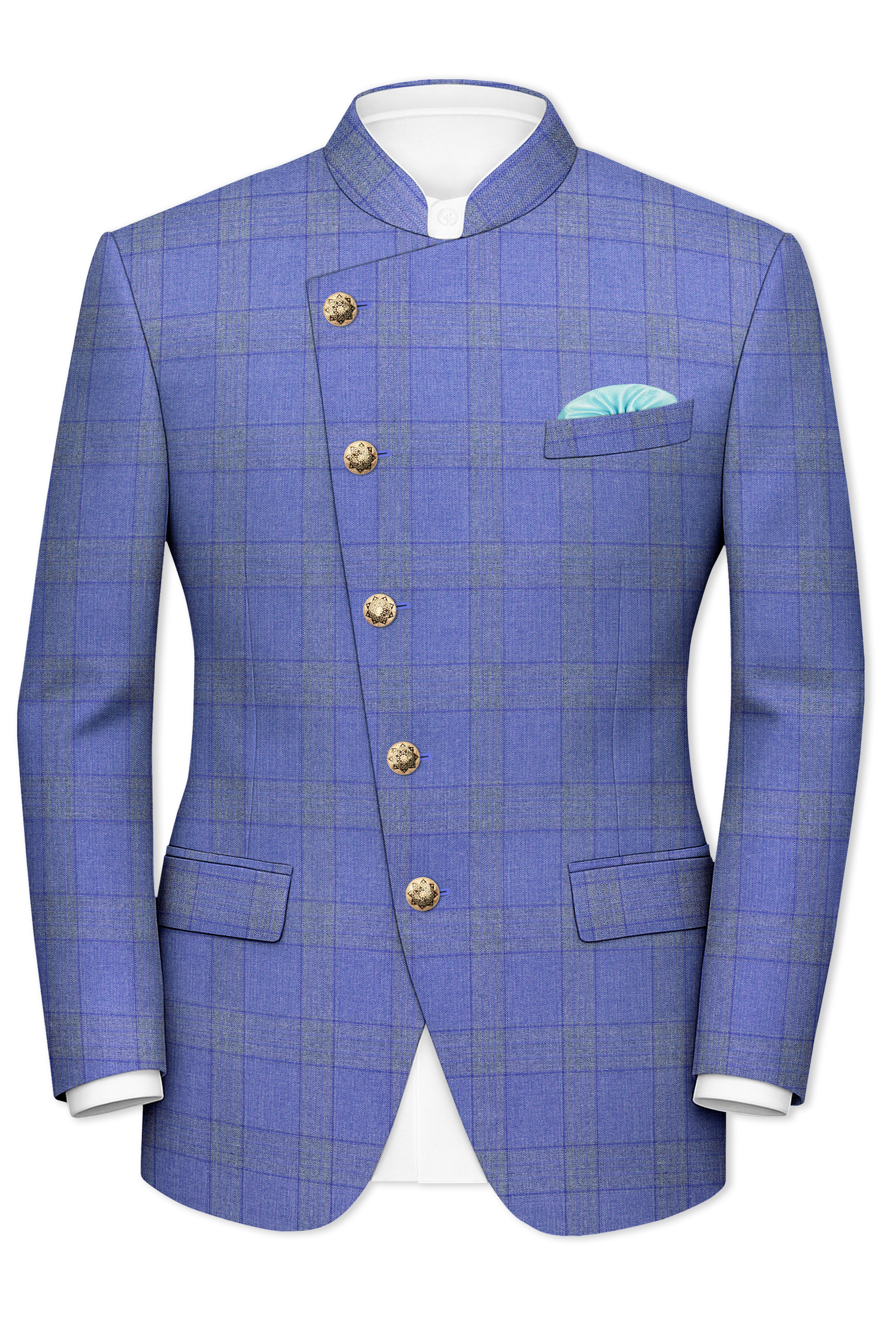 Cobalt-Scampi Blue Plaid Wool Rich Cross Placket Bandhgala Blazer