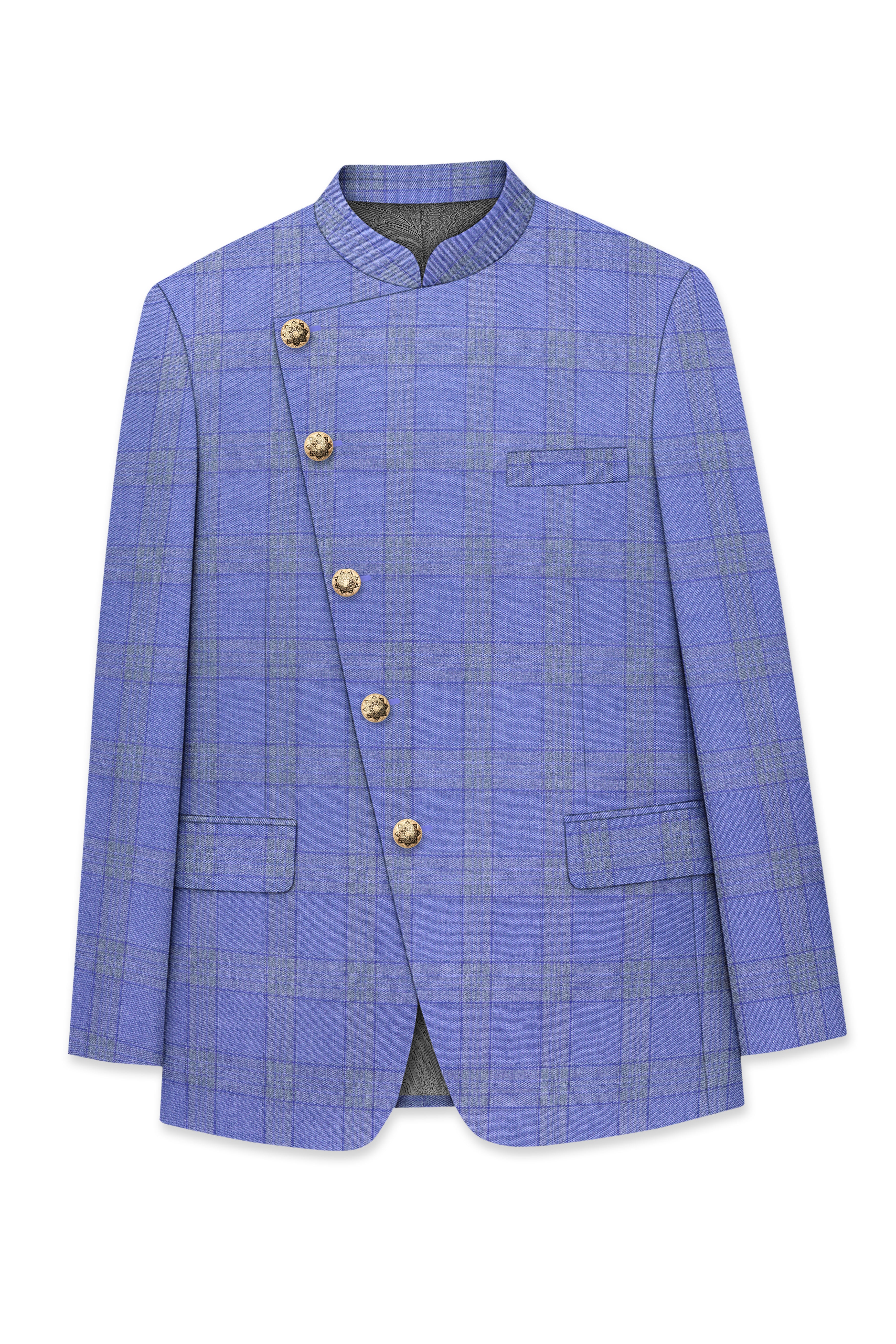 Cobalt-Scampi Blue Plaid Wool Rich Cross Placket Bandhgala Blazer