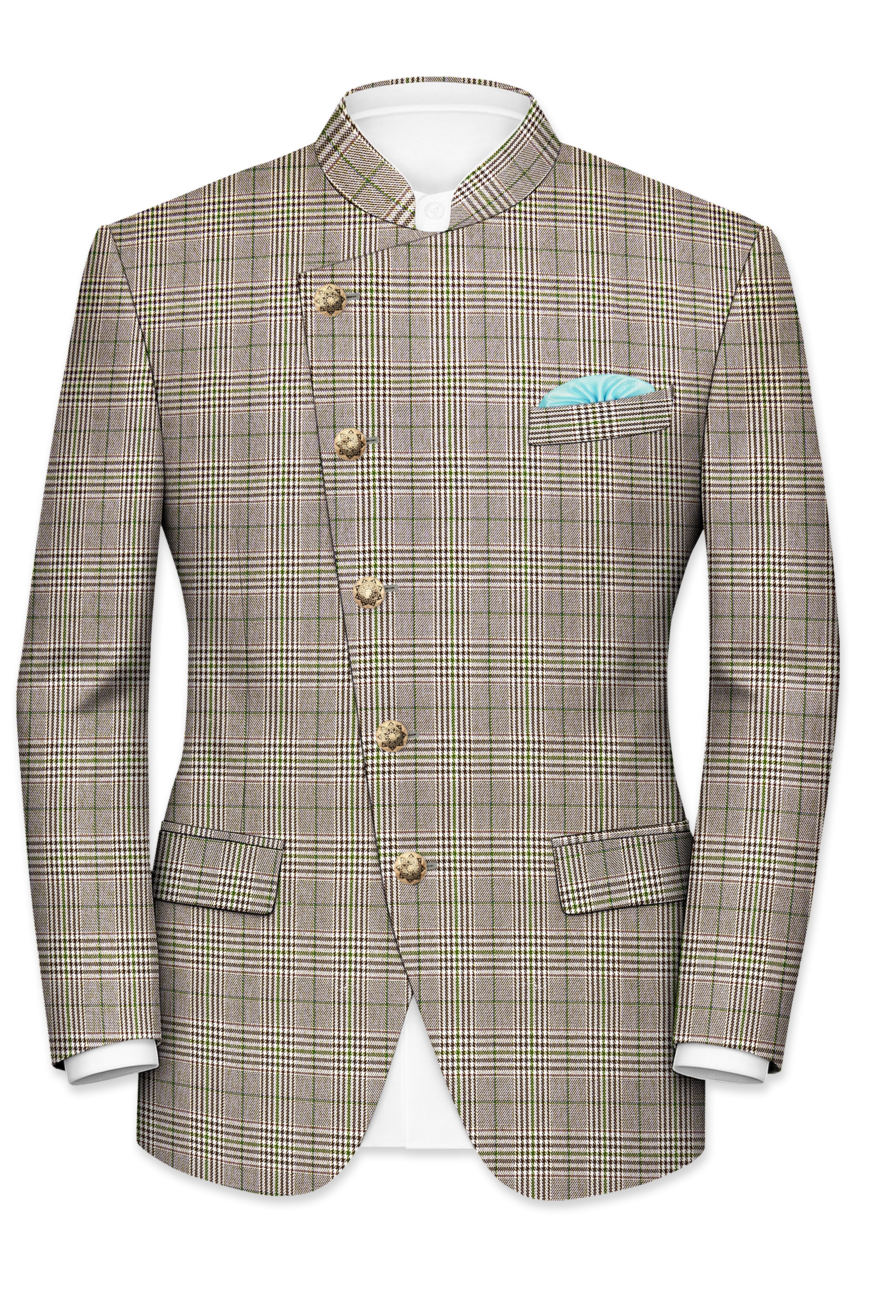 Nawab-Tundora Brown Plaid Wool Rich Cross Placket Bandhgala Blazer