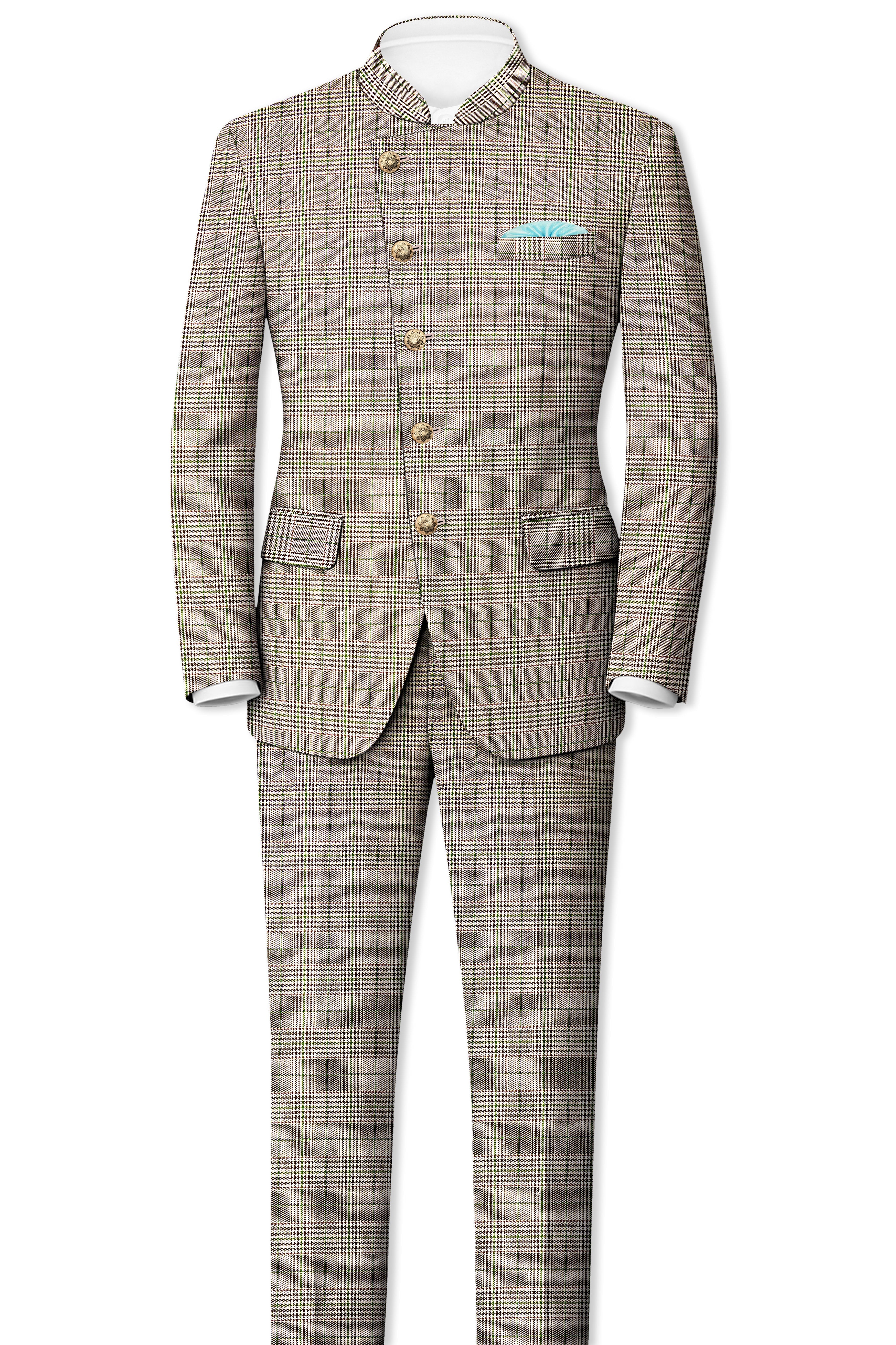 Nawab-Tundora Brown Plaid Wool Rich Cross Placket Bandhgala Blazer