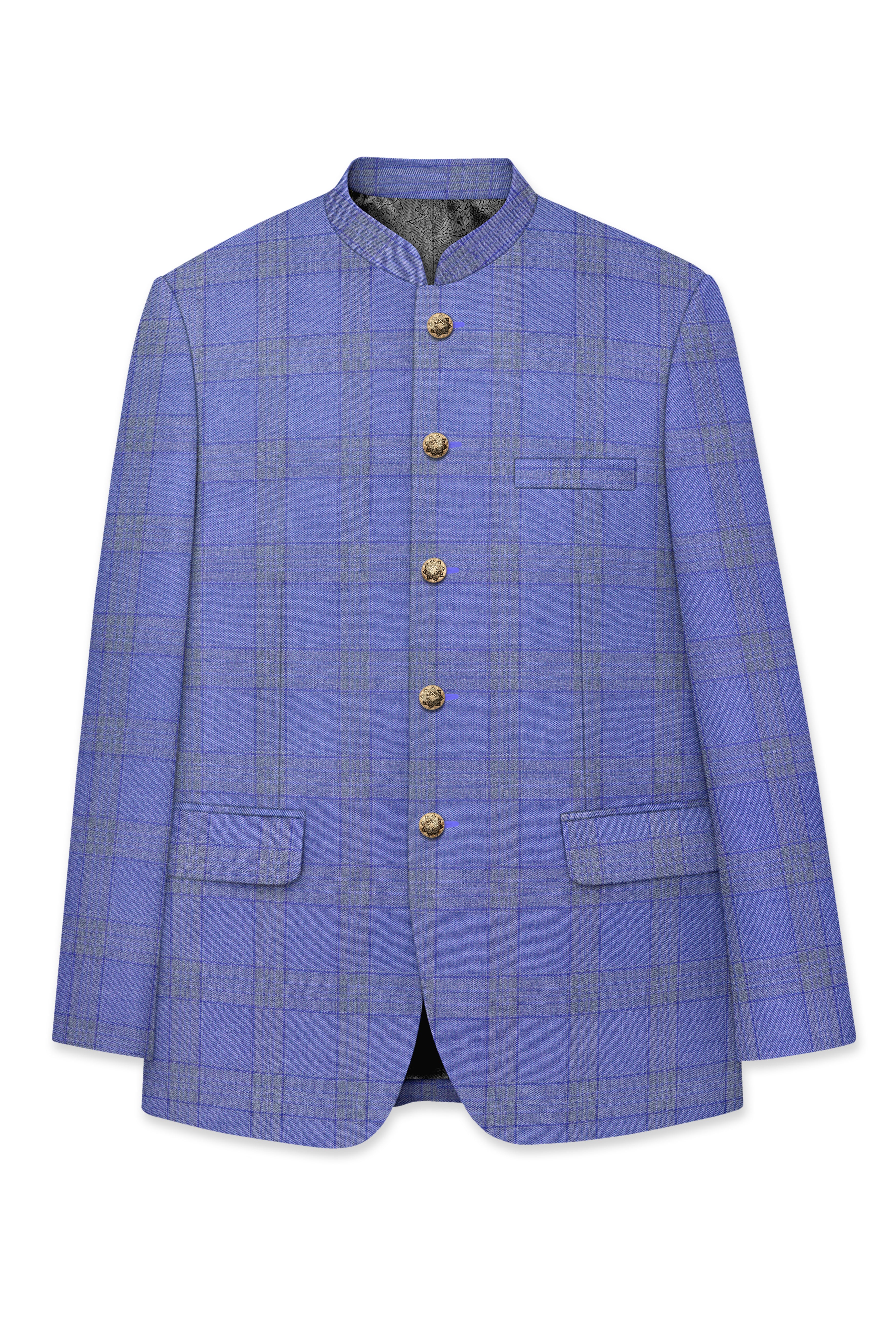 Cobalt-Scampi Blue Plaid Wool Rich Bandhgala Blazer