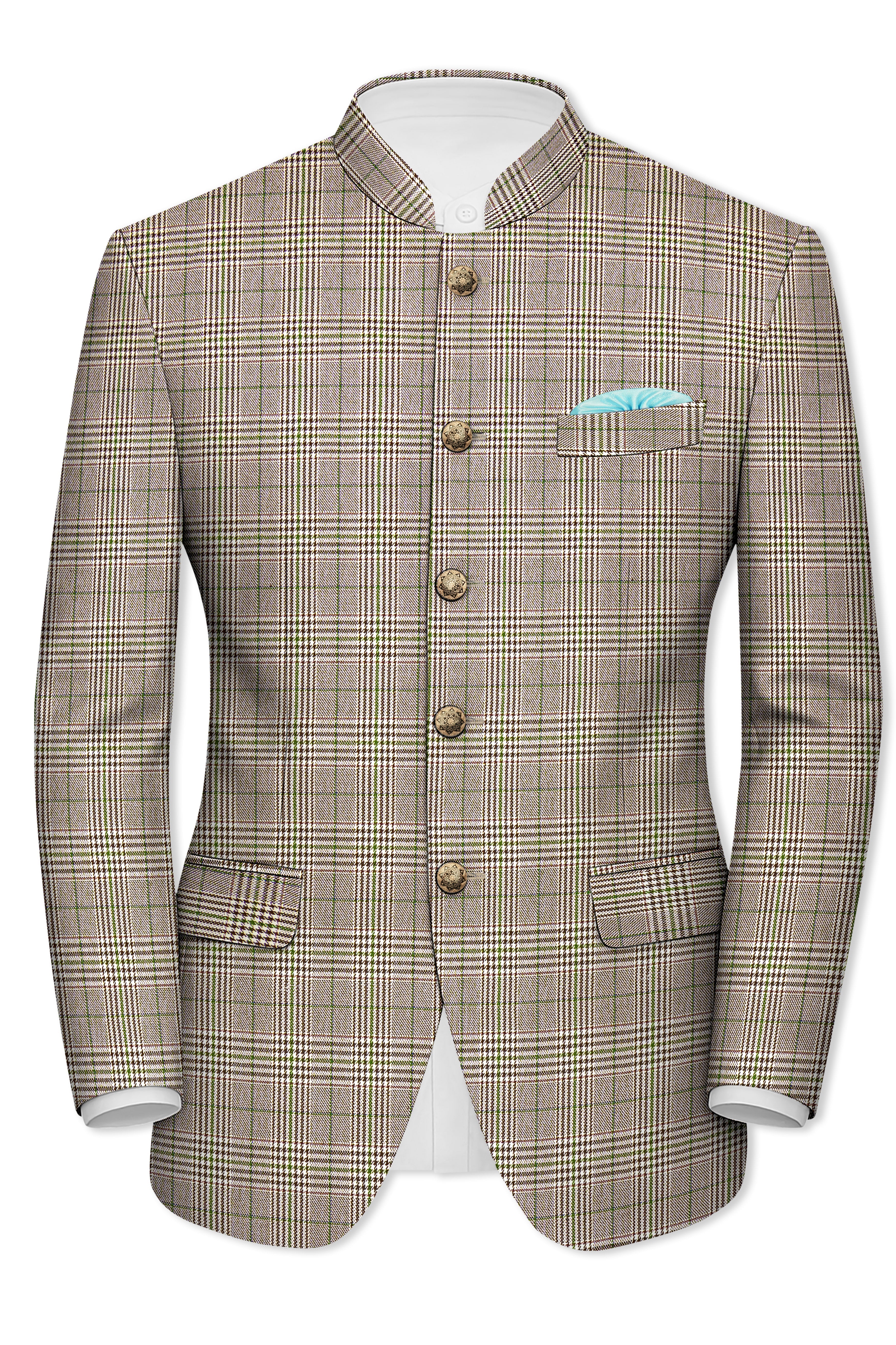 Nawab-Tundora Brown Plaid Wool Rich Bandhgala Blazer