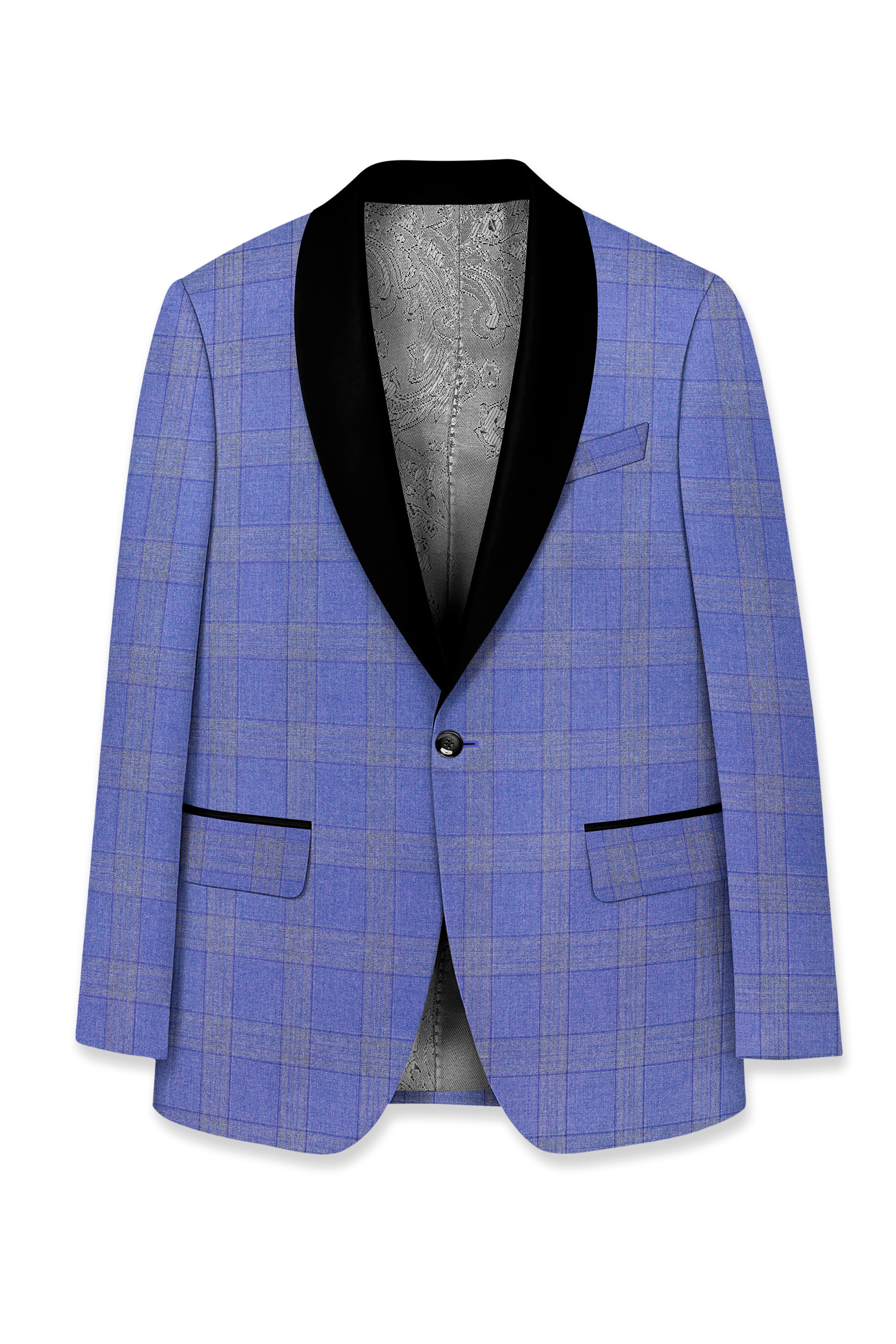 Cobalt-Scampi Blue Plaid Wool Rich Tuxedo Blazer