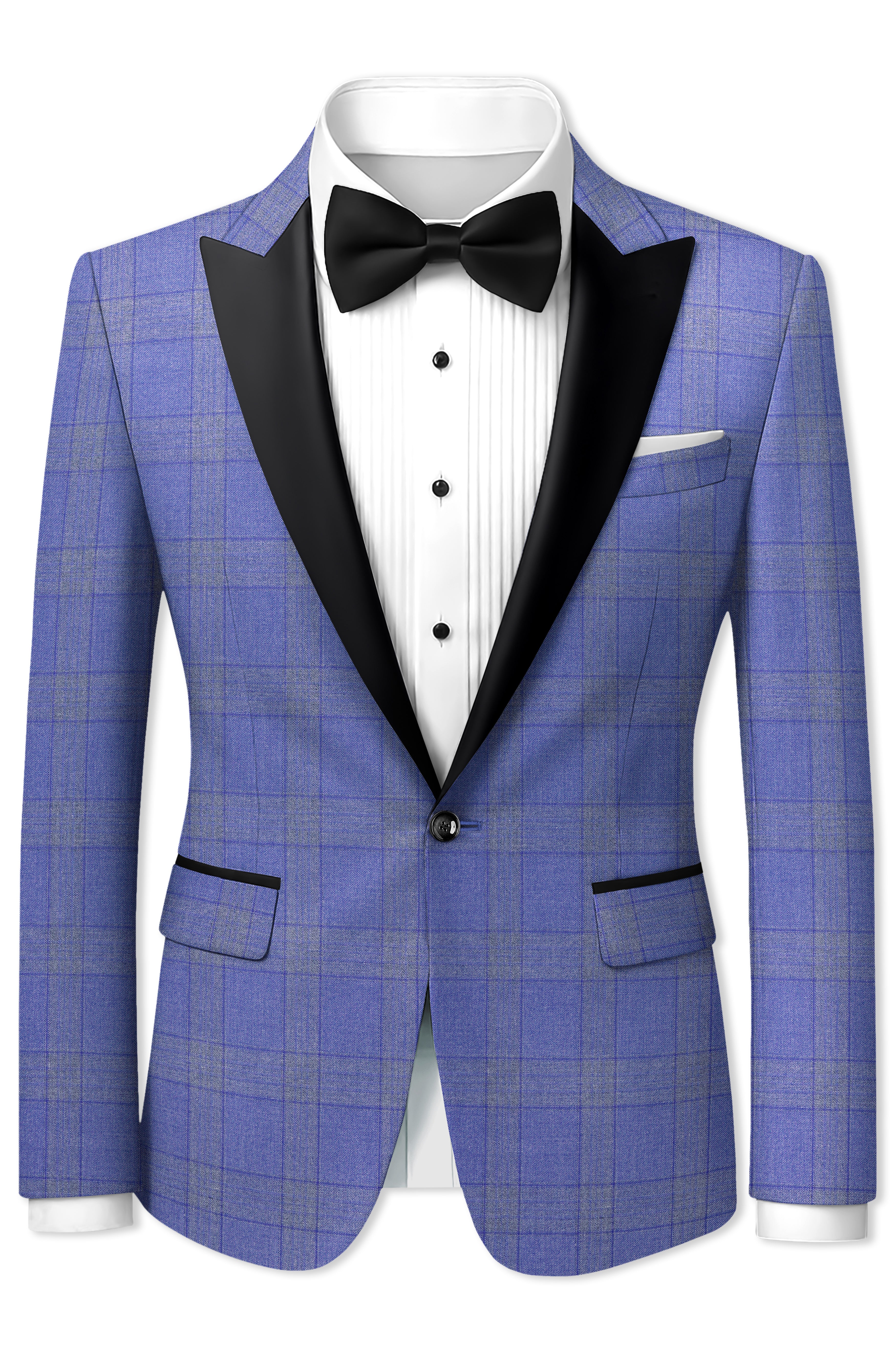 Cobalt-Scampi Blue Plaid Wool Rich Peak Lapel Tuxedo Blazer