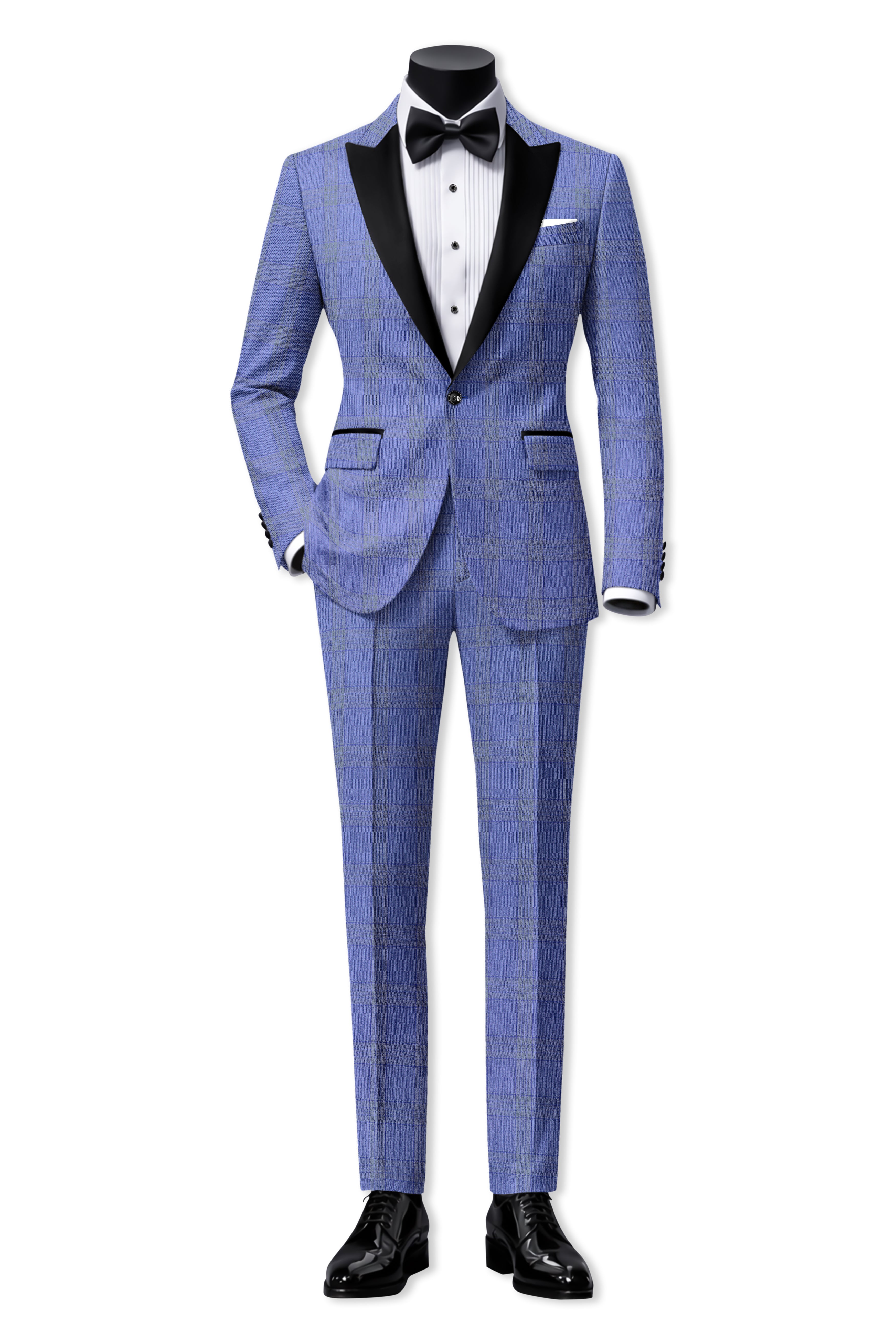 Cobalt-Scampi Blue Plaid Wool Rich Peak Lapel Tuxedo Blazer