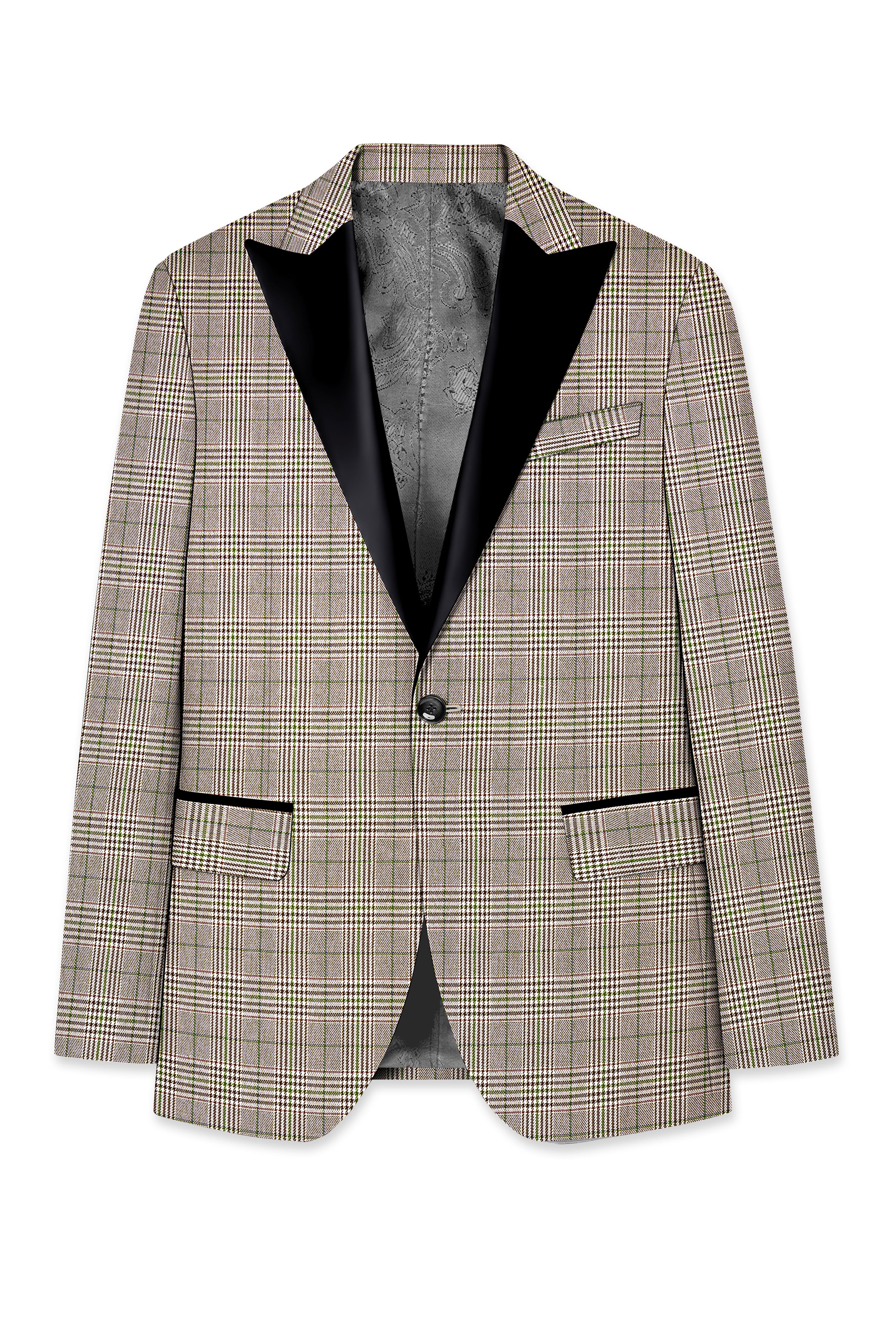 Nawab-Tundora Brown Plaid Wool Rich Peak Lapel Tuxedo Blazer