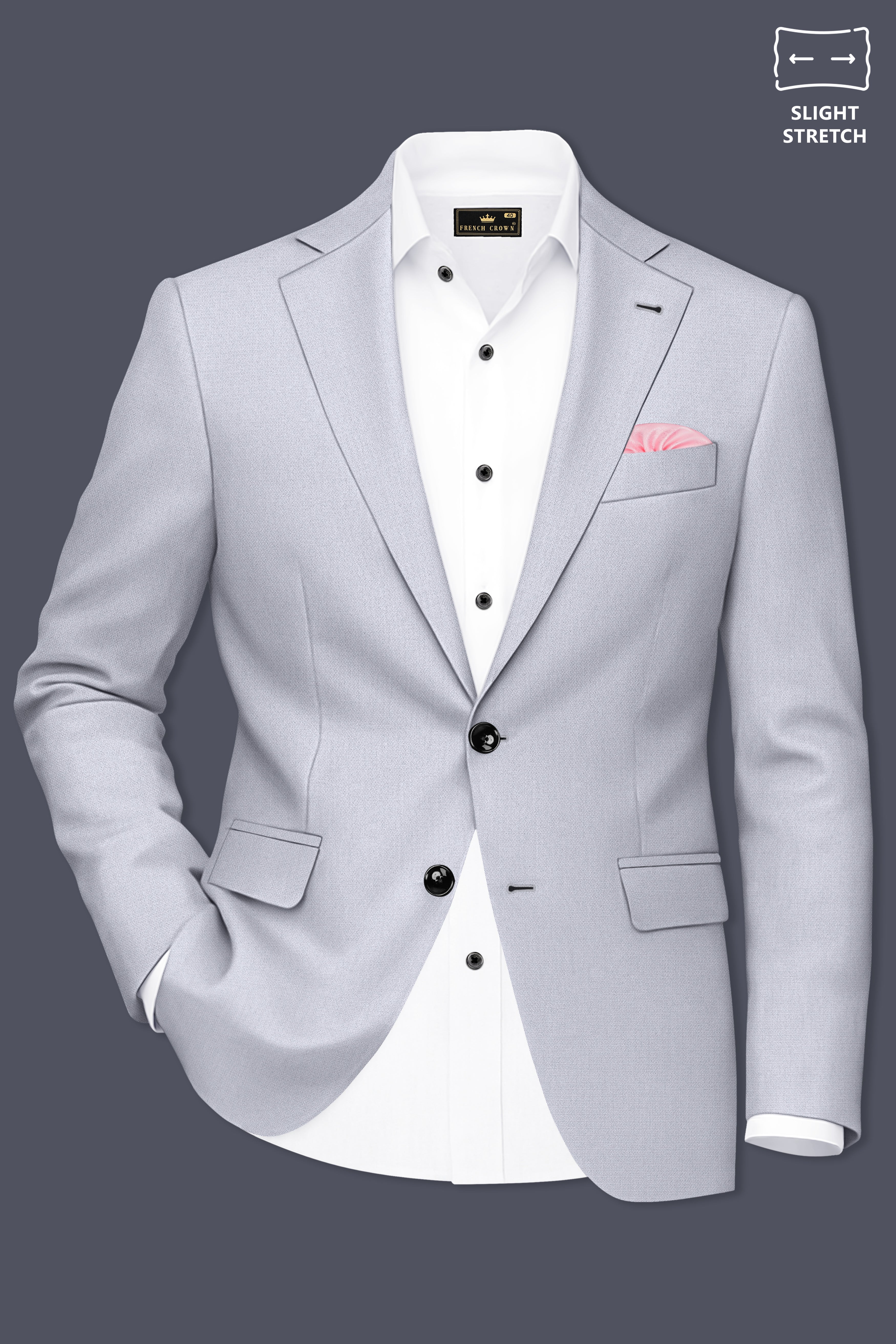 Mist-Spun Pearl Gray Diamond Textured Wool Rich Slight Stretch Single Breasted Blazer
