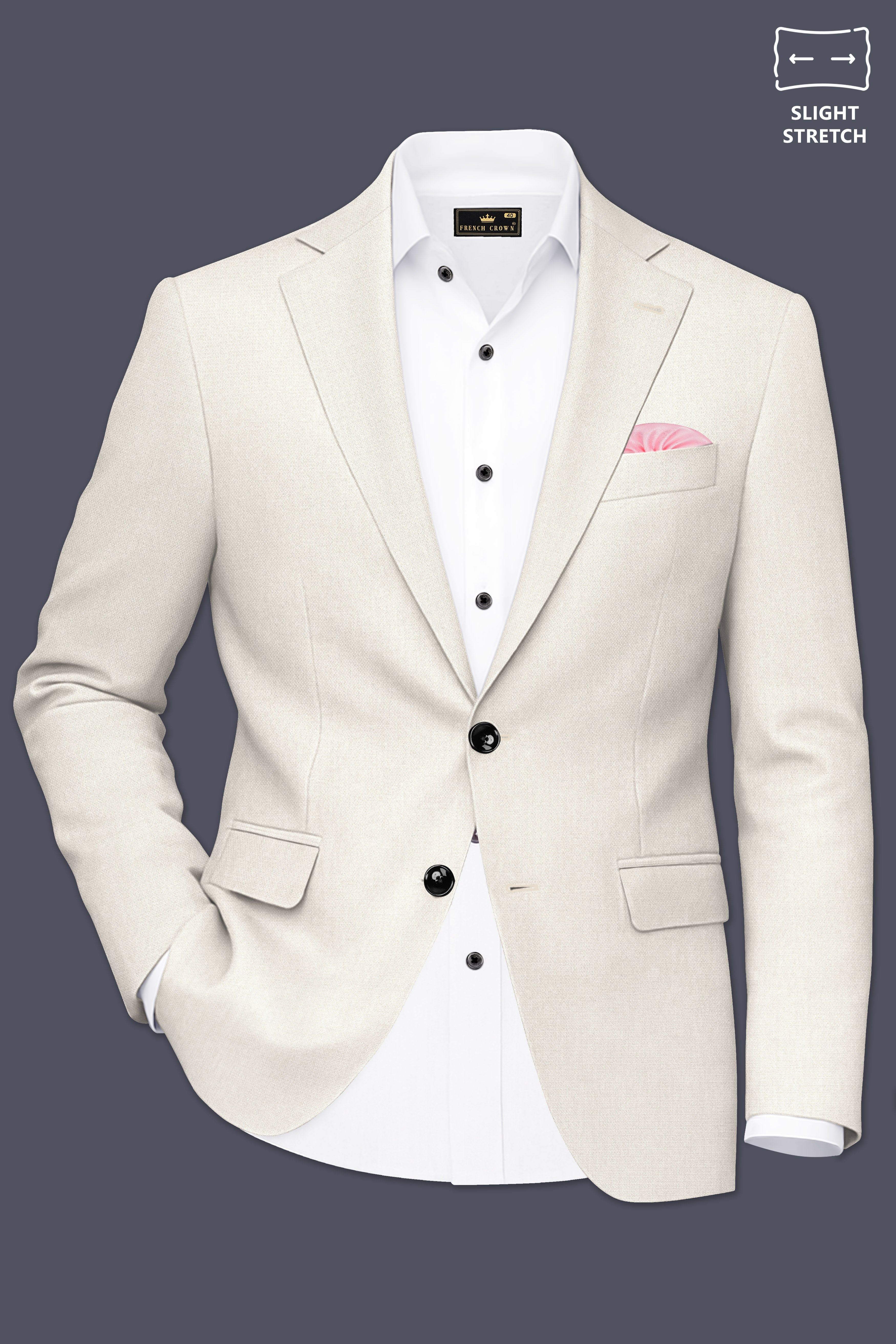 Ecru-Merino Off White Diamond Textured Wool Rich Slight Stretch Single Breasted Blazer