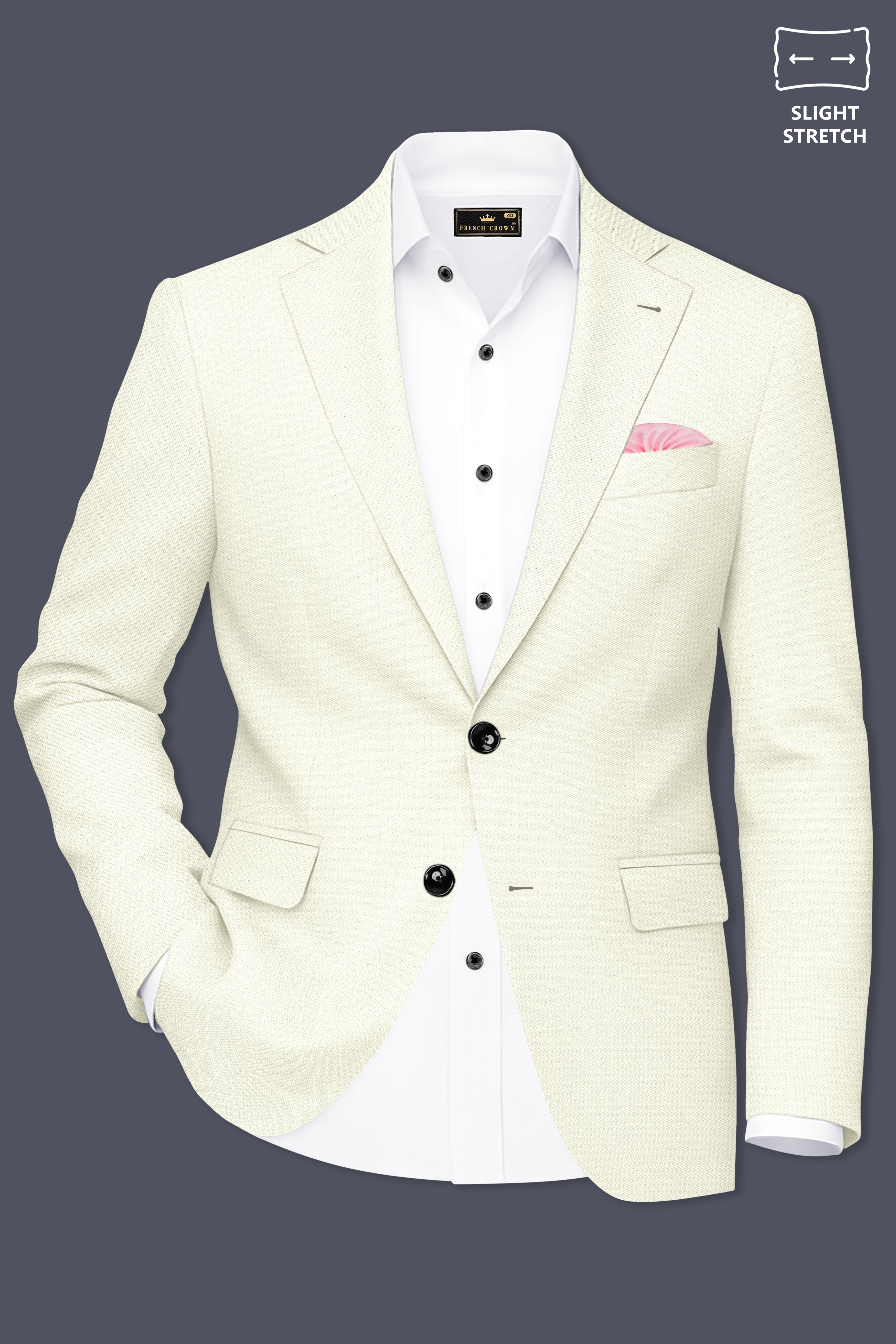 Ecru-Merino Off White Diamond Textured Wool Rich Slight Stretch Single Breasted Blazer