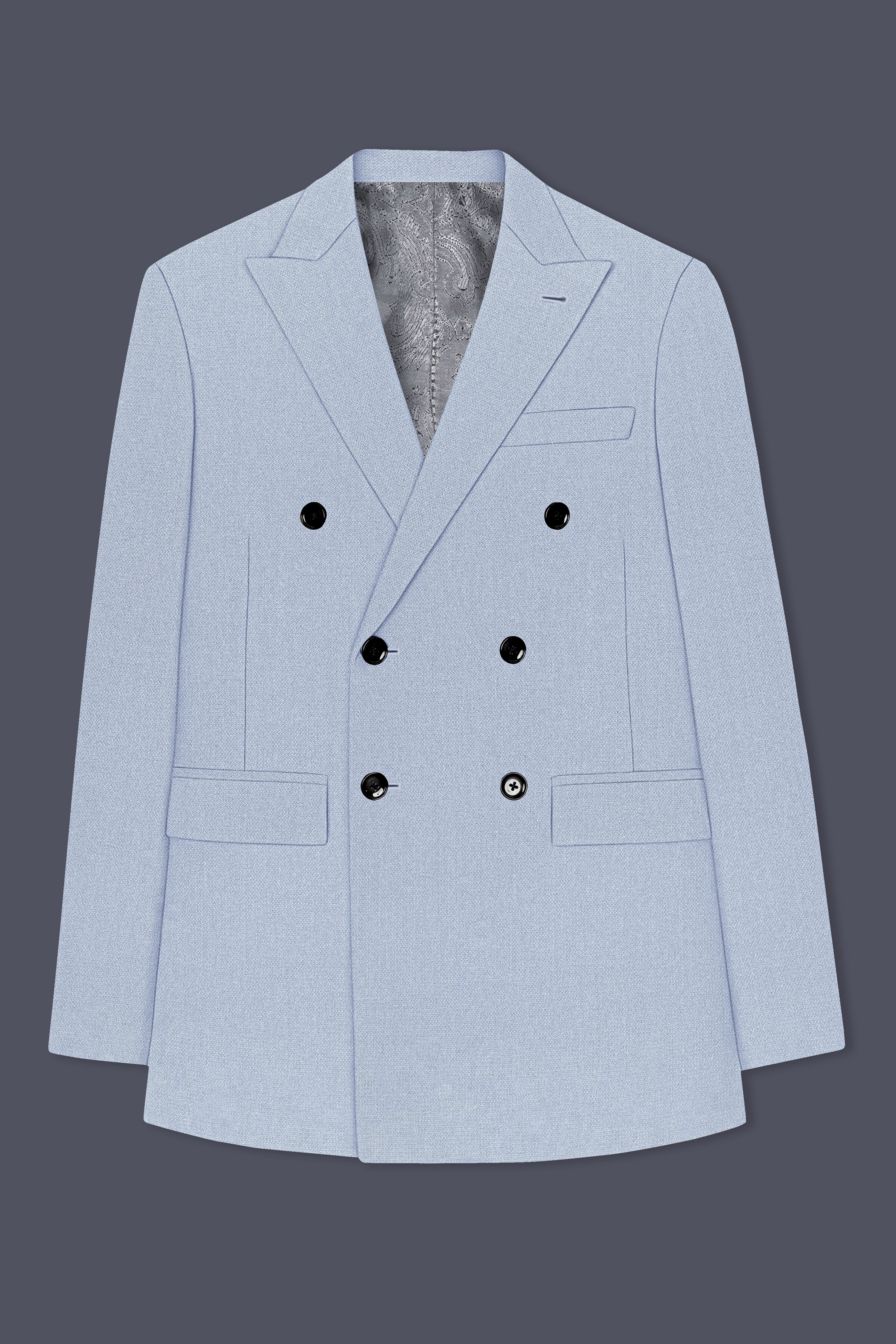 Azure-Heather Blue Diamond Textured Wool Rich Slight Stretch Double Breasted Blazer