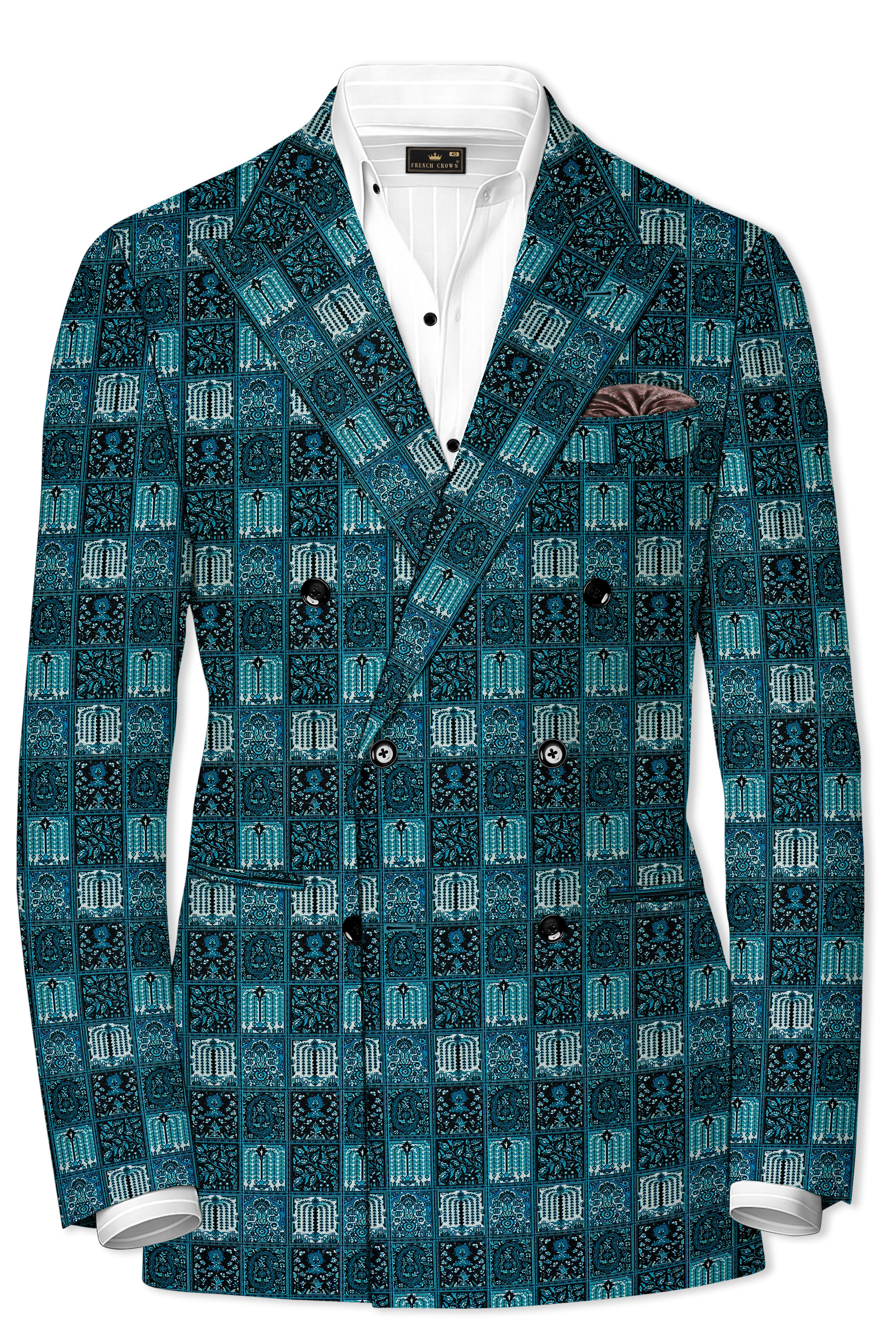 Zenith-Astronaut Blue Geometric Mosaic Printed Wool Rich Double Breasted Blazer