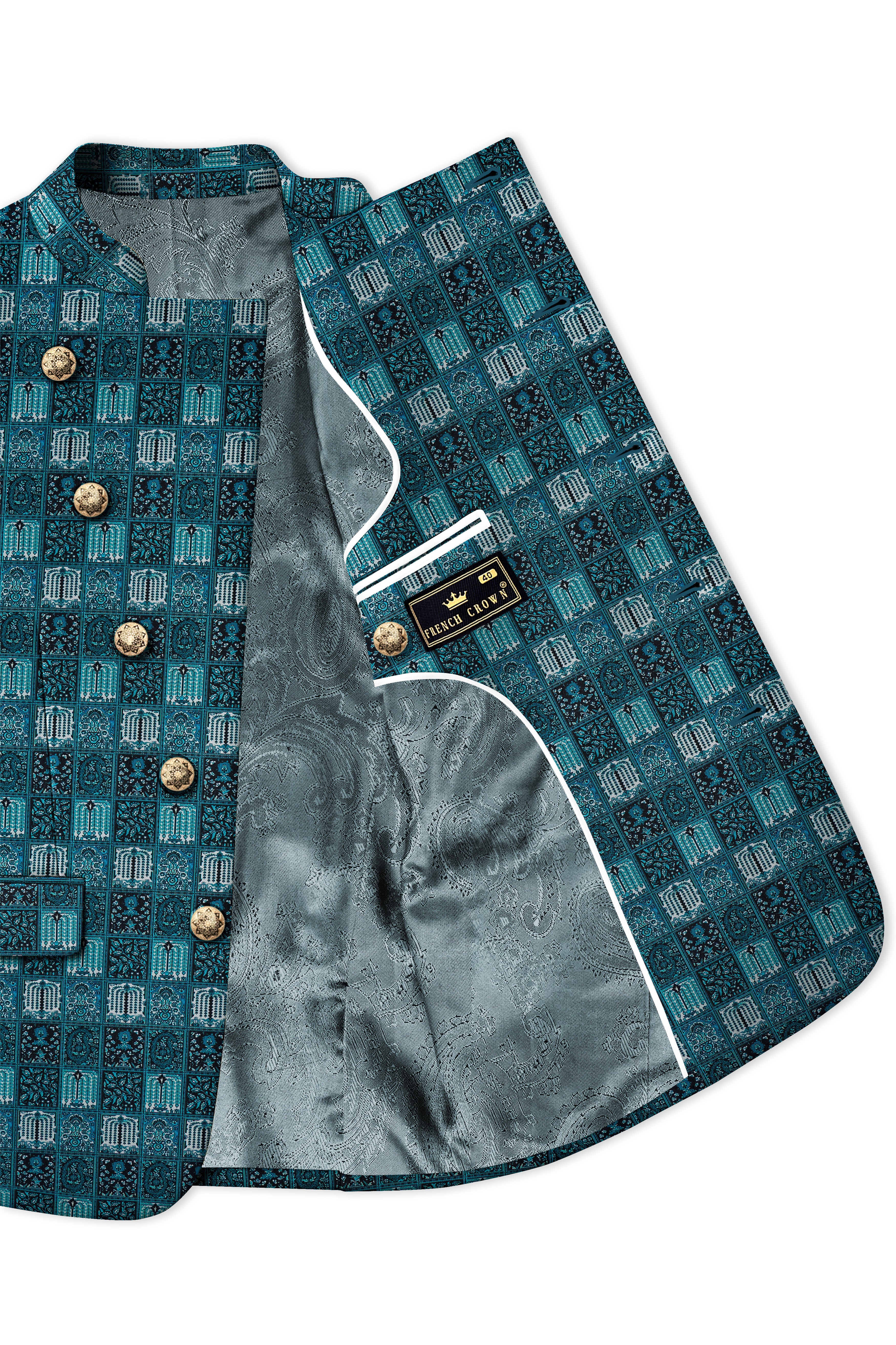 Zenith-Astronaut Blue Geometric Mosaic Printed Wool Rich Slight Stretch Cross Placket Bandhgala Blazer