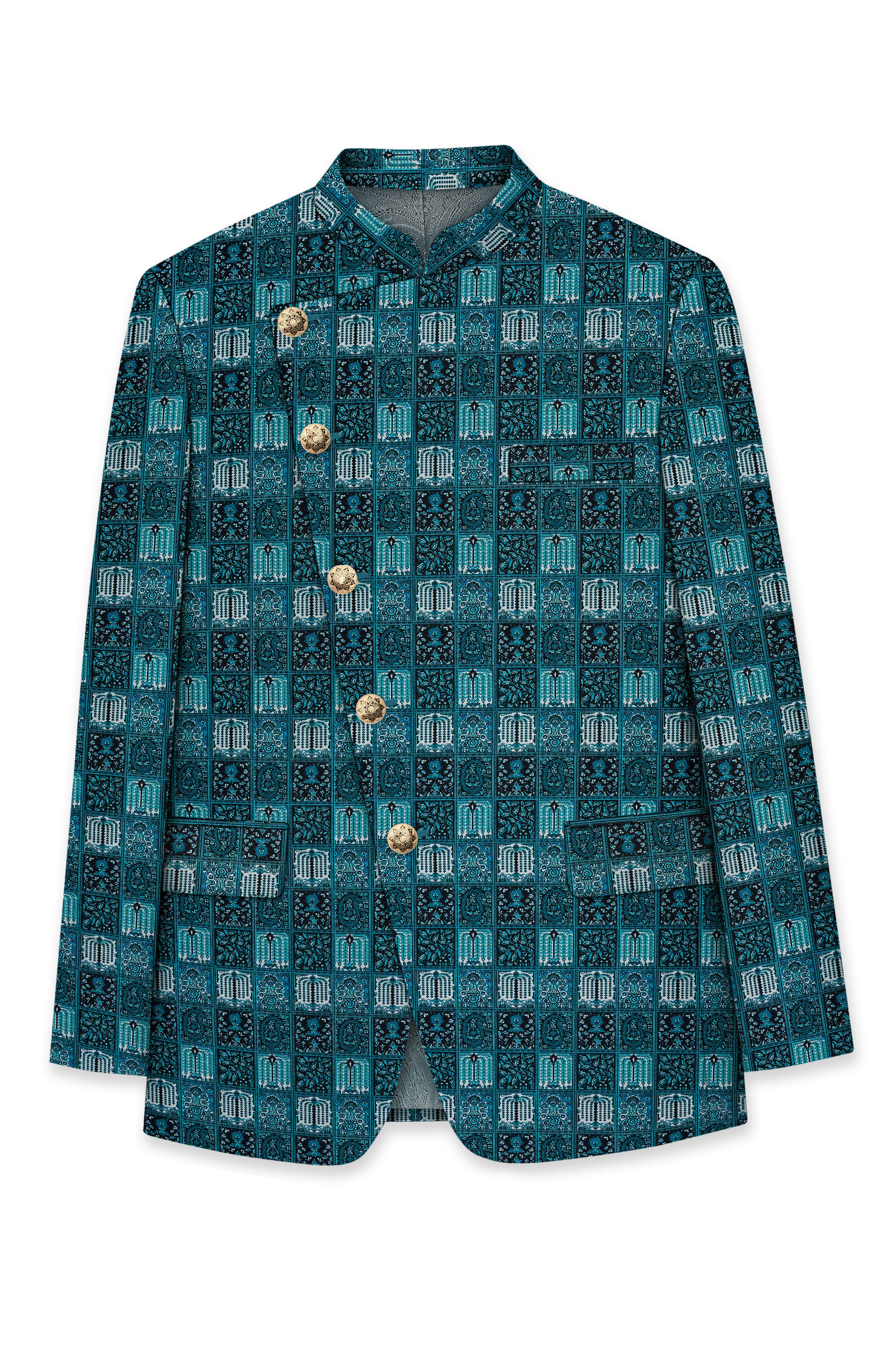 Zenith-Astronaut Blue Geometric Mosaic Printed Wool Rich Slight Stretch Cross Placket Bandhgala Blazer