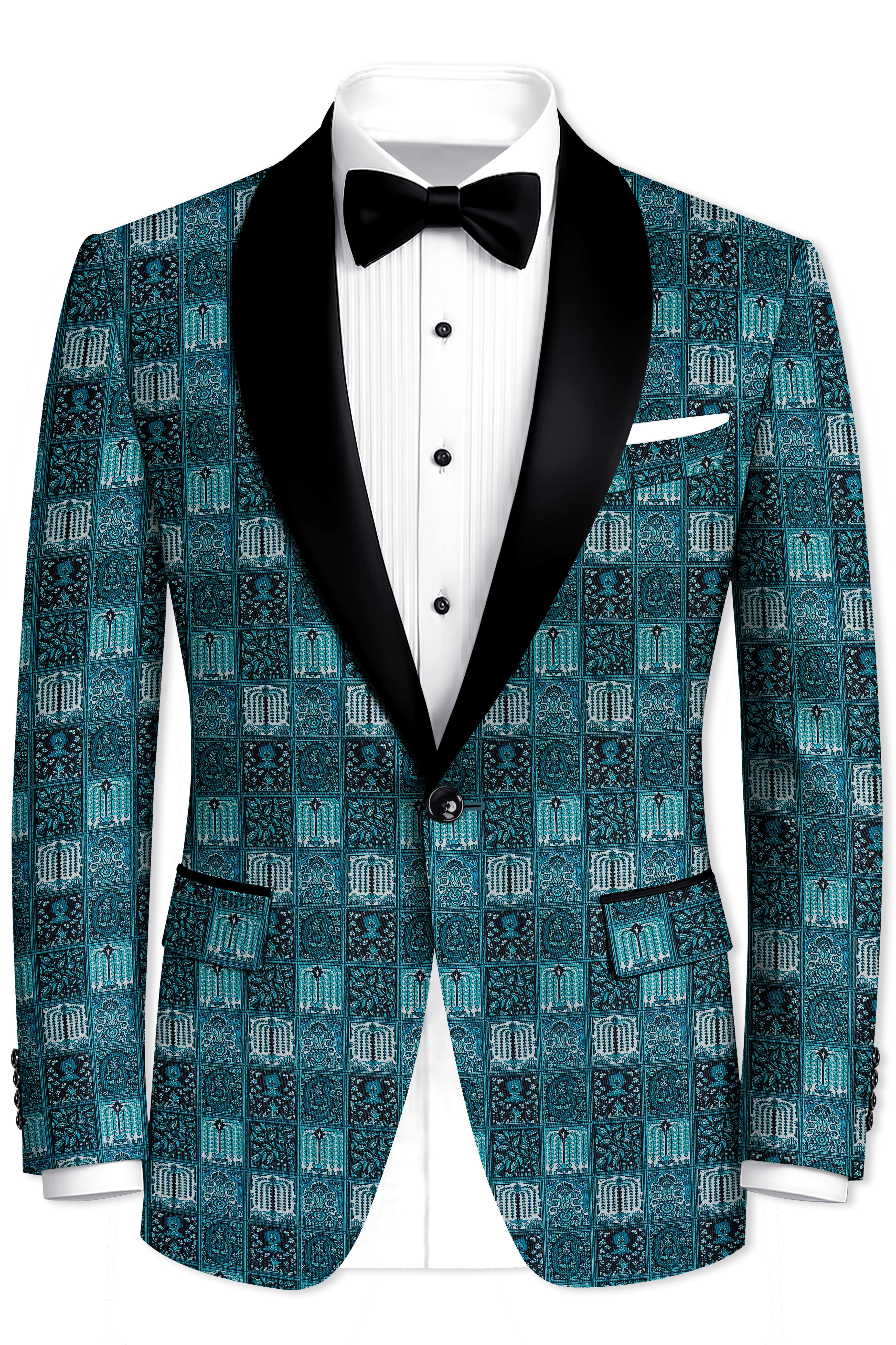 Zenith-Astronaut Blue Geometric Mosaic Printed Wool Rich Tuxedo Blazer