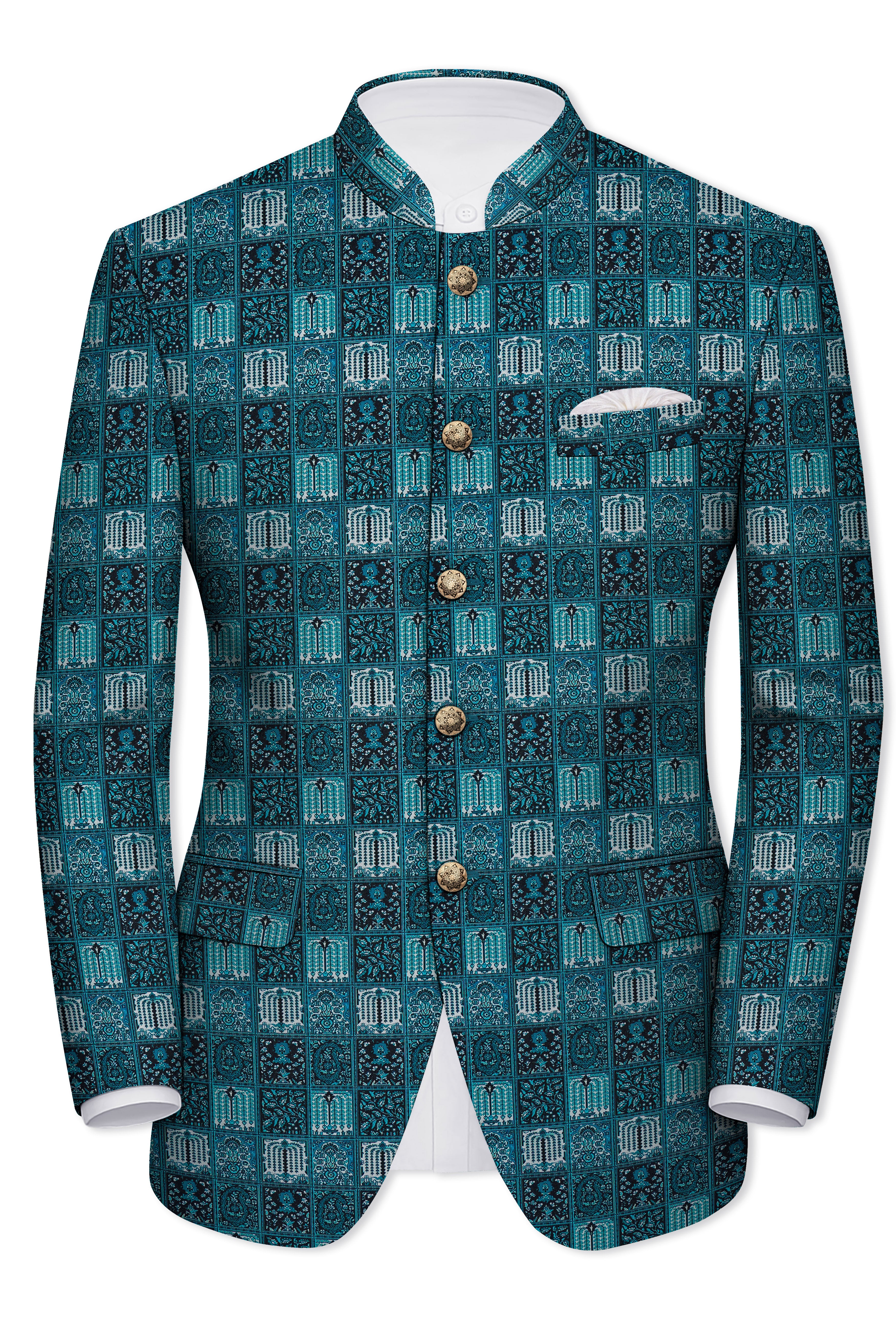 Zenith-Astronaut Blue Geometric Mosaic Printed Wool Rich Bandhgala Blazer