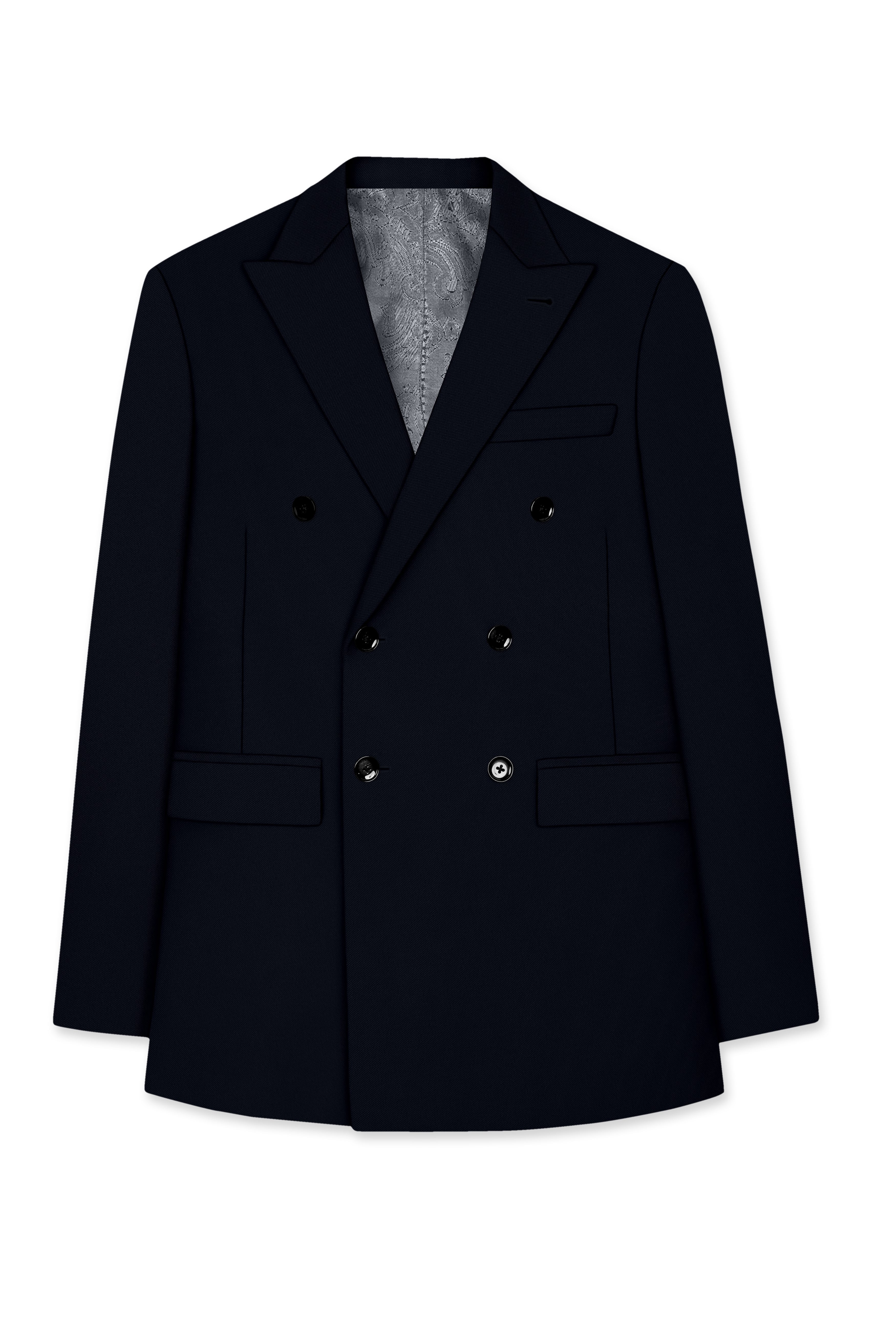 Nero-Korean Tealish Navy 4-Way Stretch Wrinkle-Free Wool Rich Double Breasted Blazer
