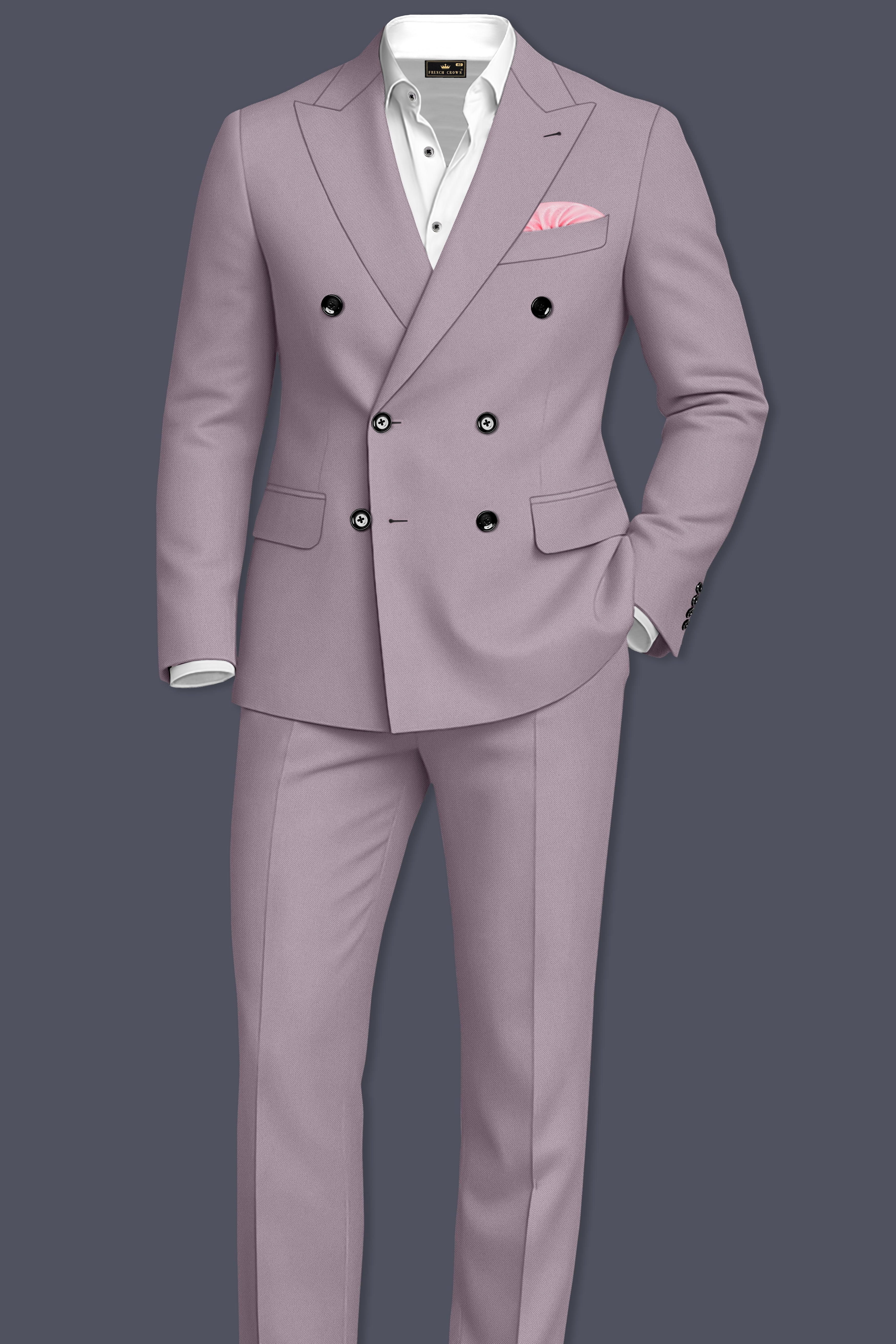 Roselle-Korean Bouquet Pink 4-Way Stretch Wrinkle-Free Wool Rich Double Breasted Blazer