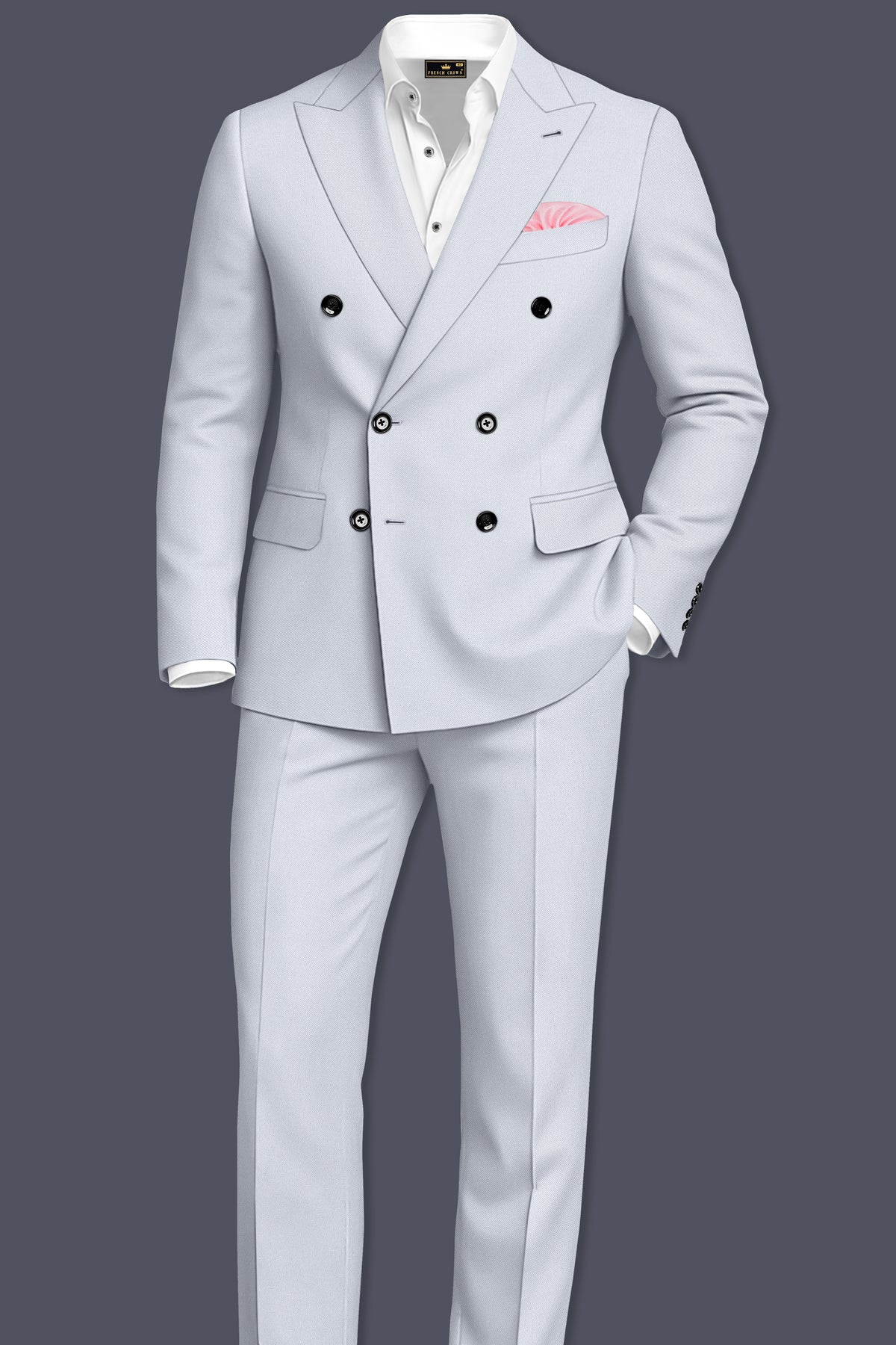 Azure-Periwinkle Gray Wool Rich Slight Stretch Double Breasted Blazer