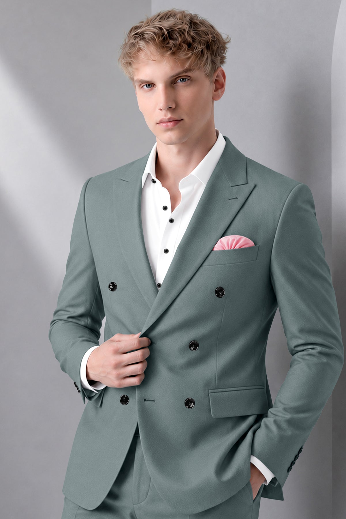 Verdant-Raven Green Wool Rich Slight Stretch Double Breasted Blazer