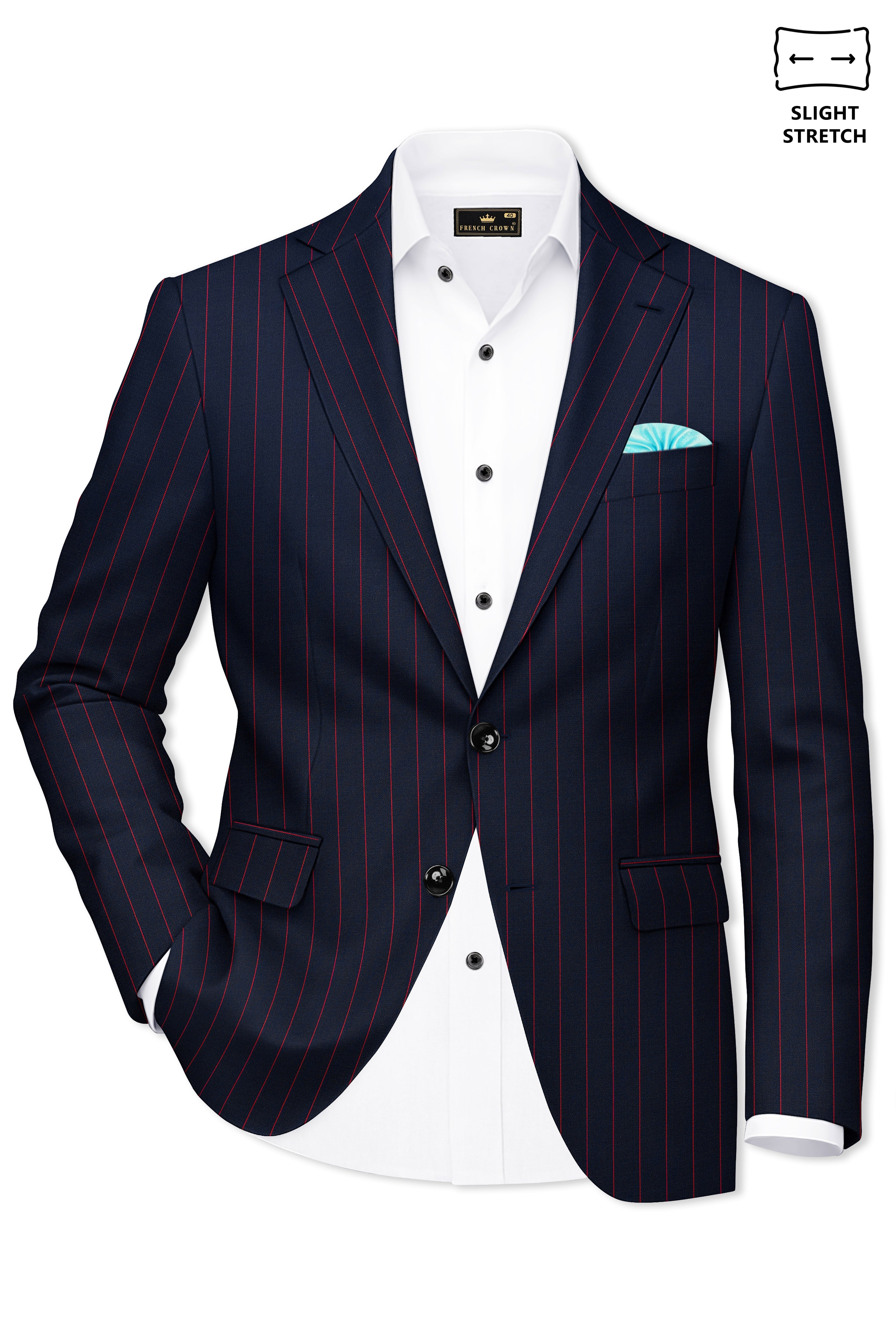 Striata-Haiti Blue And Brick Pink Chalk Striped Wool Rich Slight Stretch Single Breasted Blazer