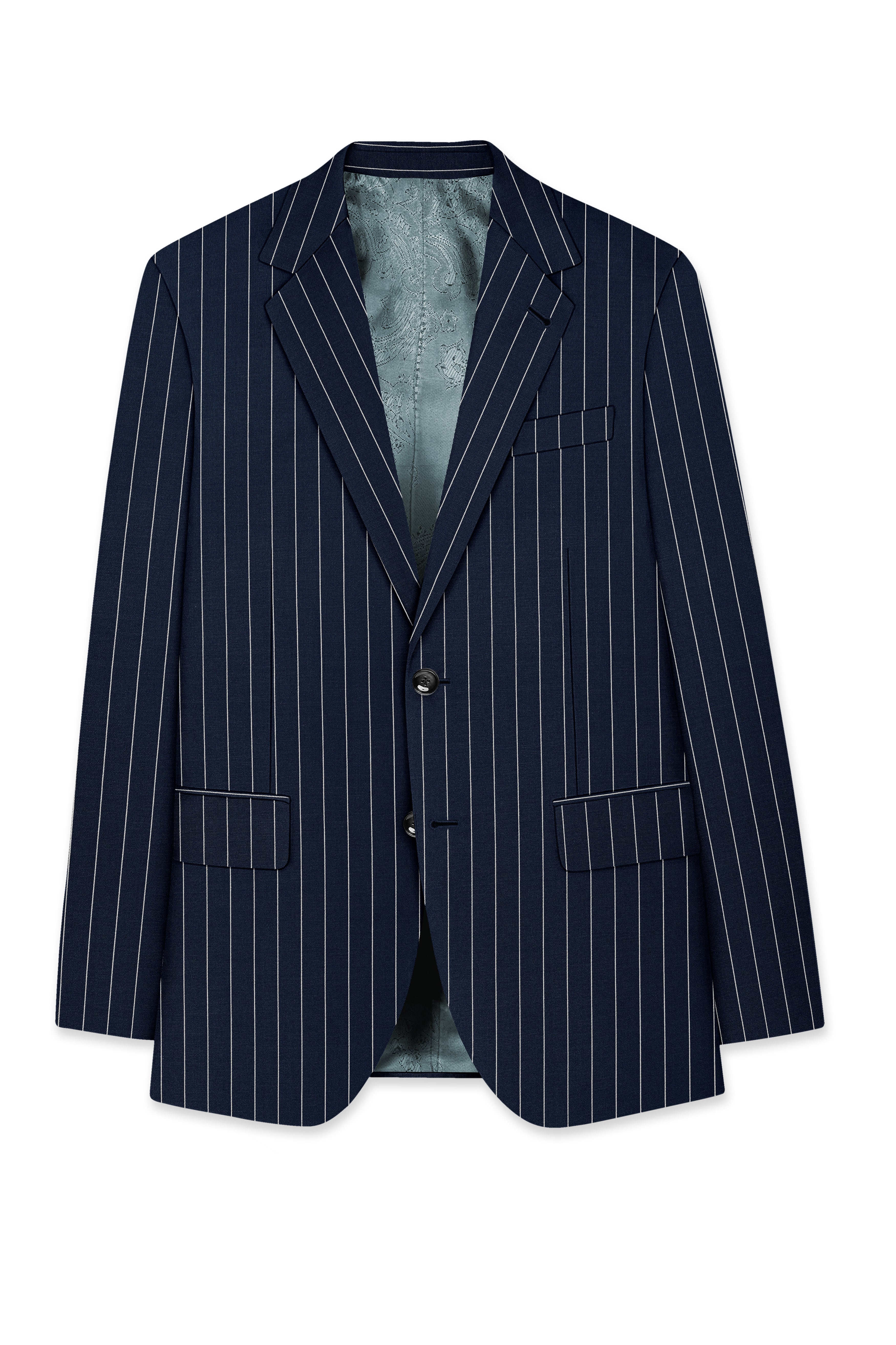 Azureon-Firefly Blue And Bright White Chalk Striped Wool Rich Slight Stretch Single Breasted Blazer