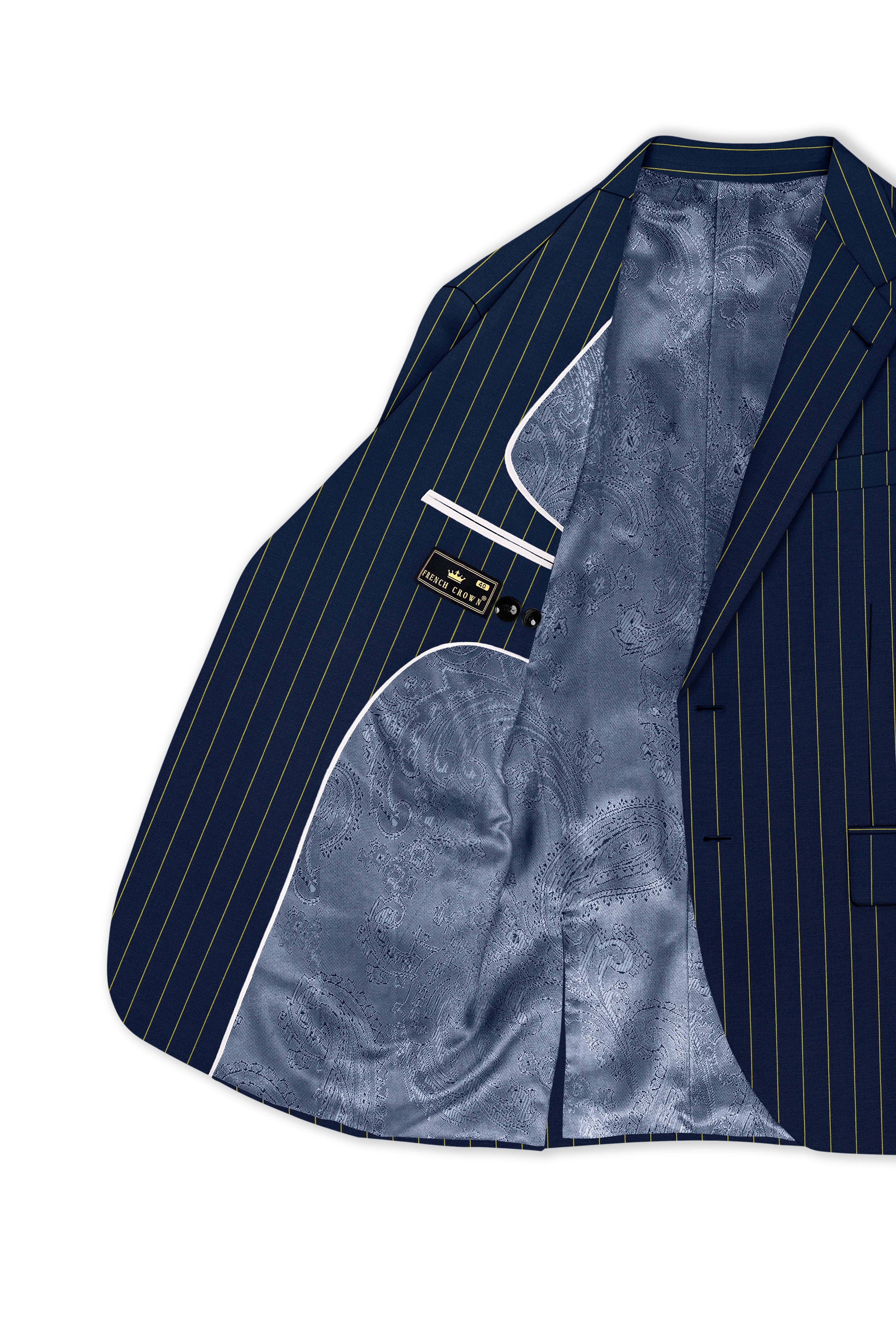 Aurum-Midnight Blue And Harvest Yellow Chalk Striped Wool Rich Slight Stretch Single Breasted Blazer