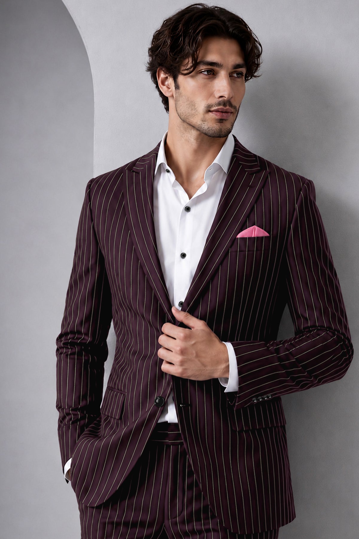 Valiant-Seal Maroon And Bright White Chalk Striped Wool Rich Slight Stretch Single Breasted Blazer