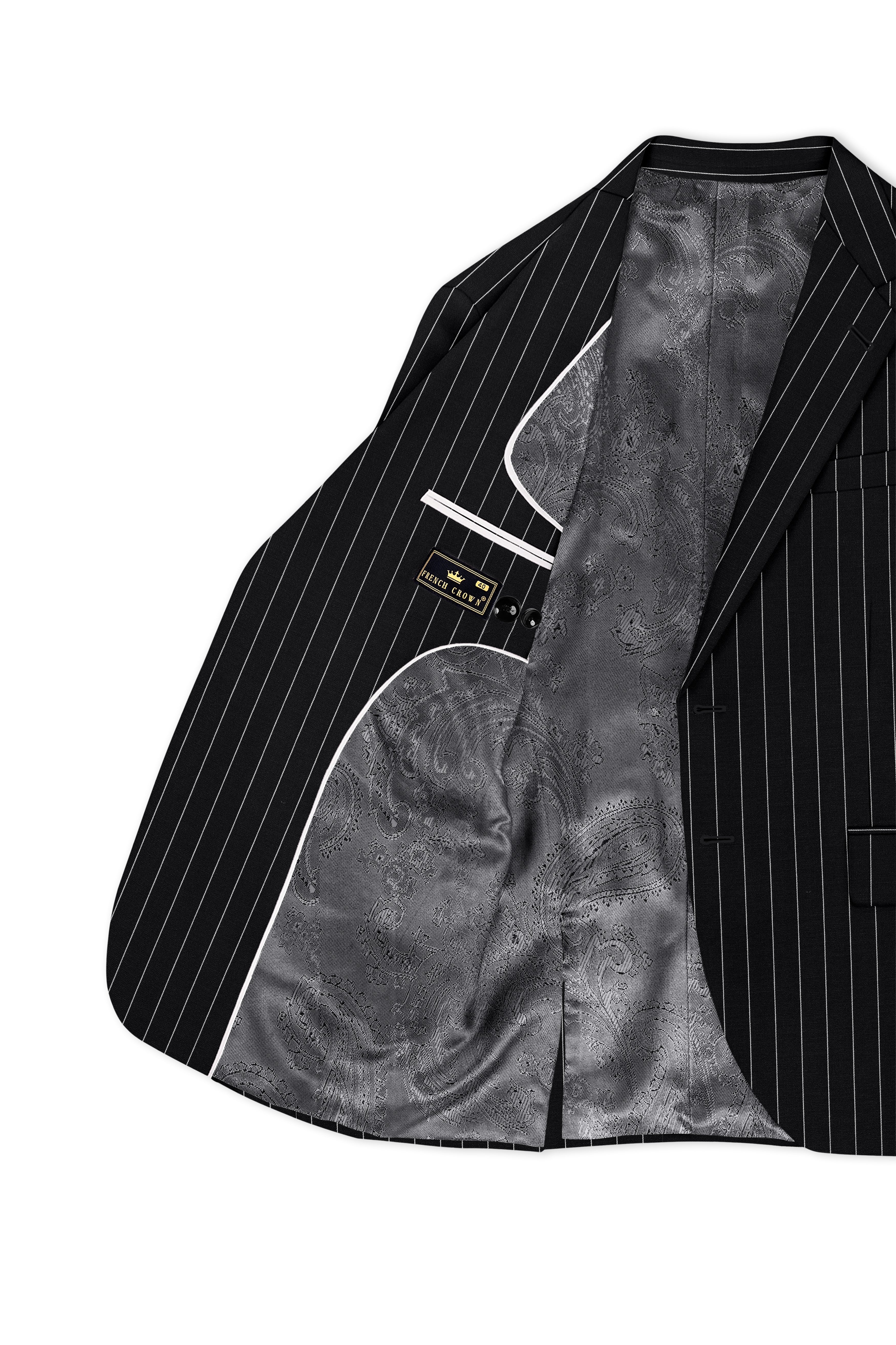 Veritas-Jade Black And Bright White Pin Striped Wool Rich Slight Stretch Single Breasted Blazer