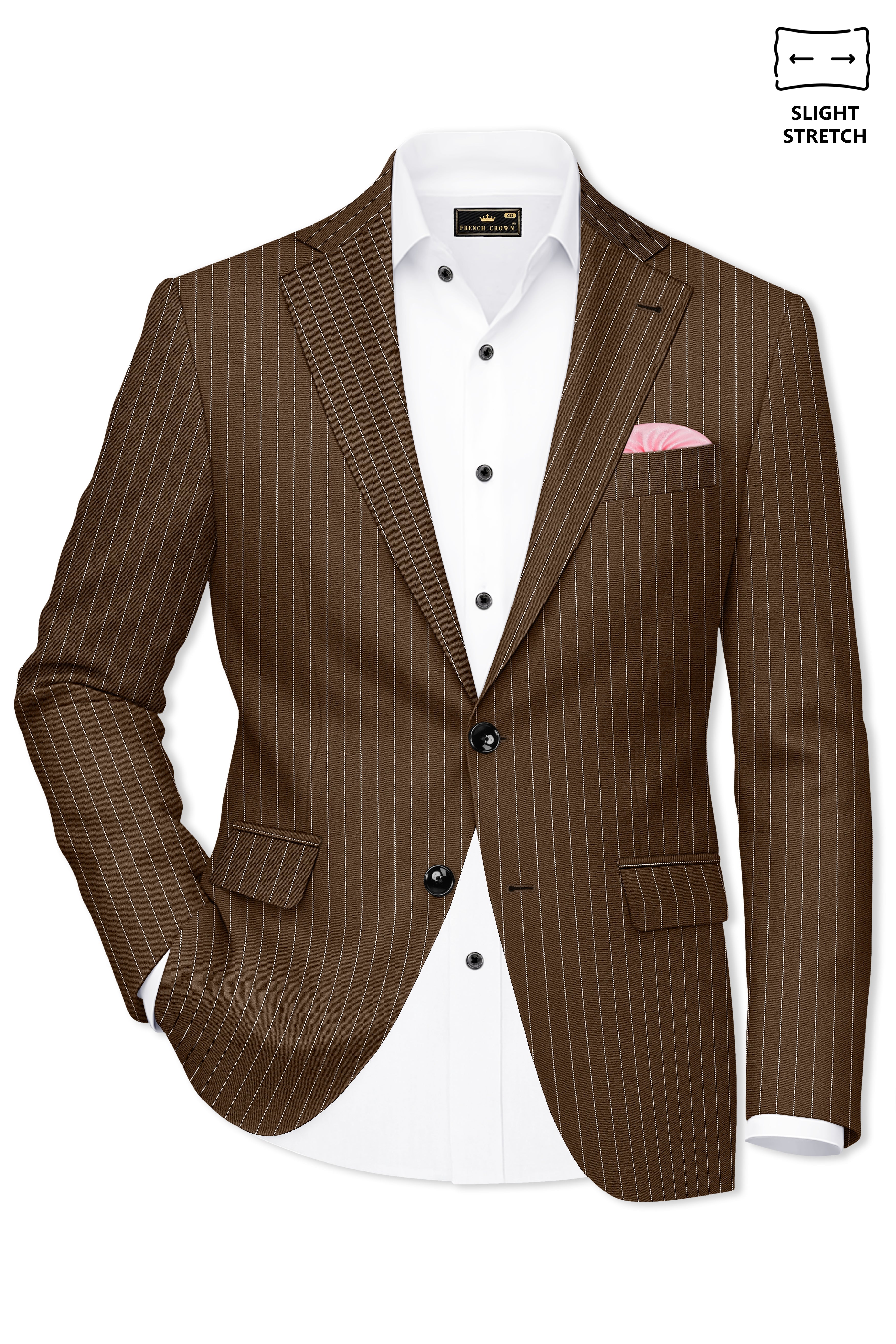 Bristol-Iroko Brown And Bright White Chalk Striped Wool Rich Slight Stretch Single Breasted Blazer